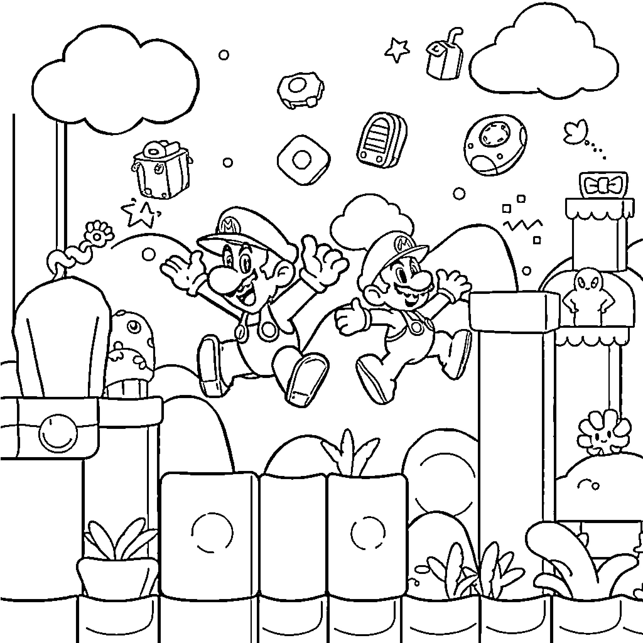Super Mario Brothers Jumping Adventure Coloring Page (free black-and-white line drawing printable PDF for all, from beginners to advanced learners, including children, teens, adults, and seniors)