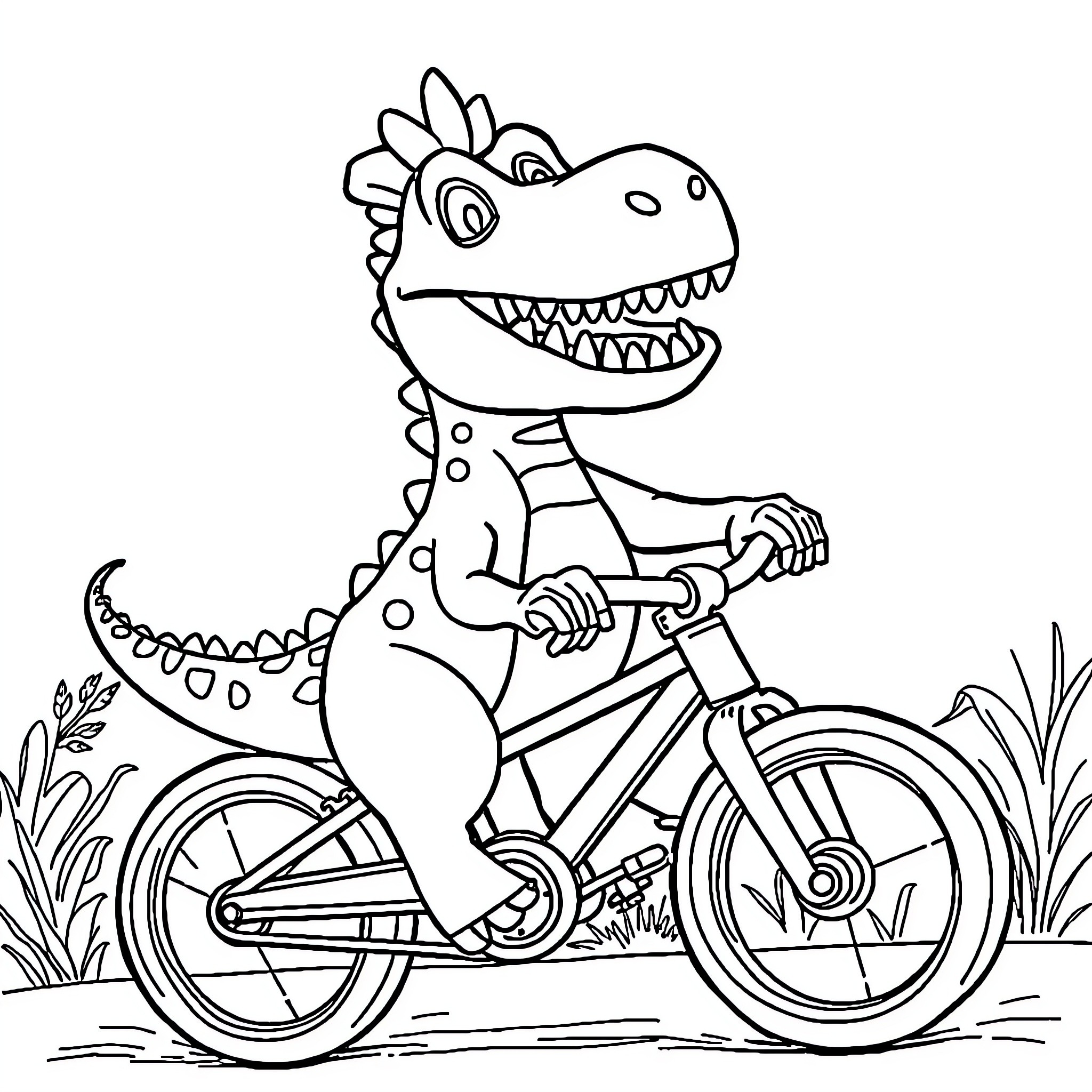 Dinosaur riding a bicycle Coloring Page (free black-and-white line drawing printable PDF for all, from beginners to advanced learners, including children, teens, adults, and seniors)