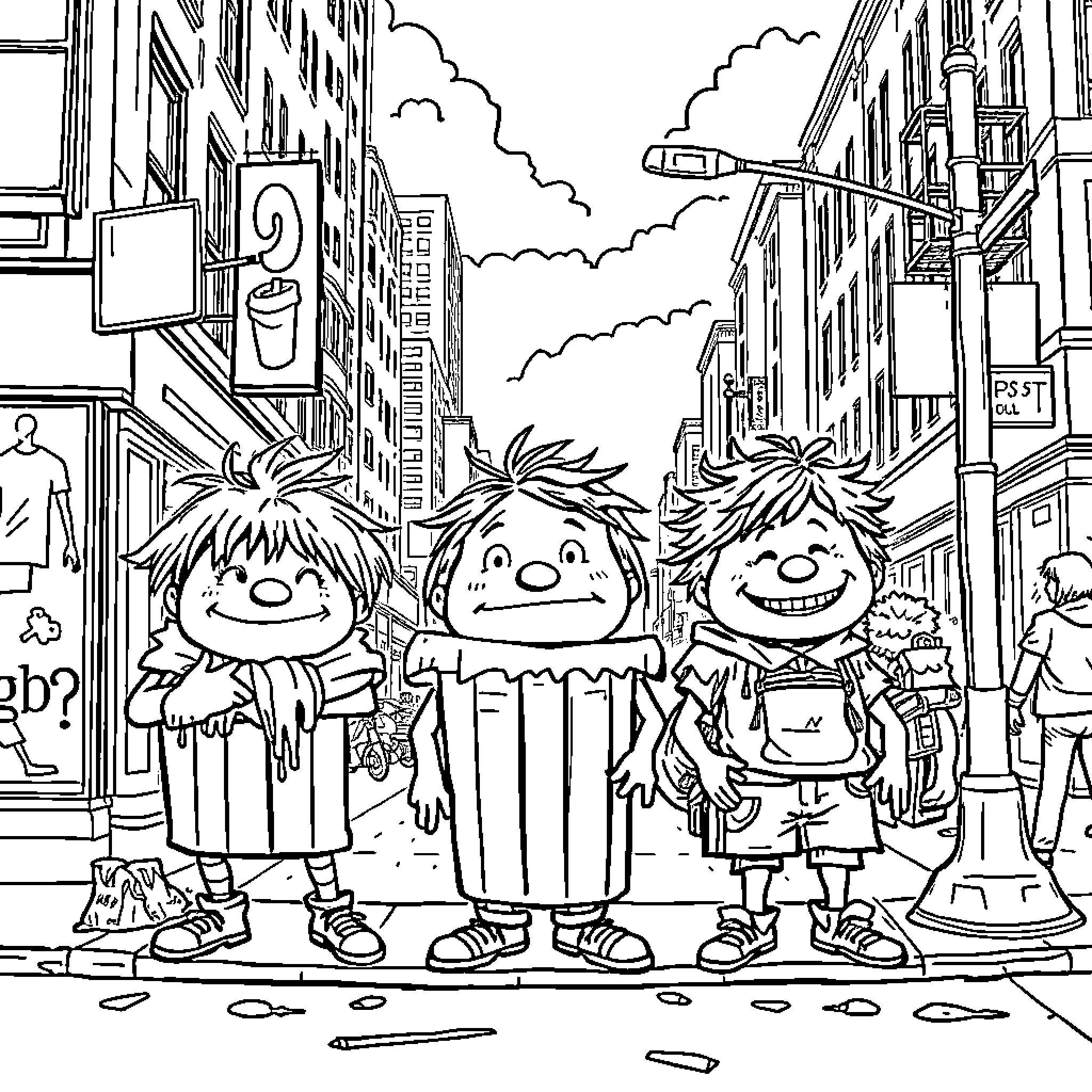 Garbage Pail Kids explore the city streets Coloring Page (free black-and-white line drawing printable PDF for all, from beginners to advanced learners, including children, teens, adults, and seniors)