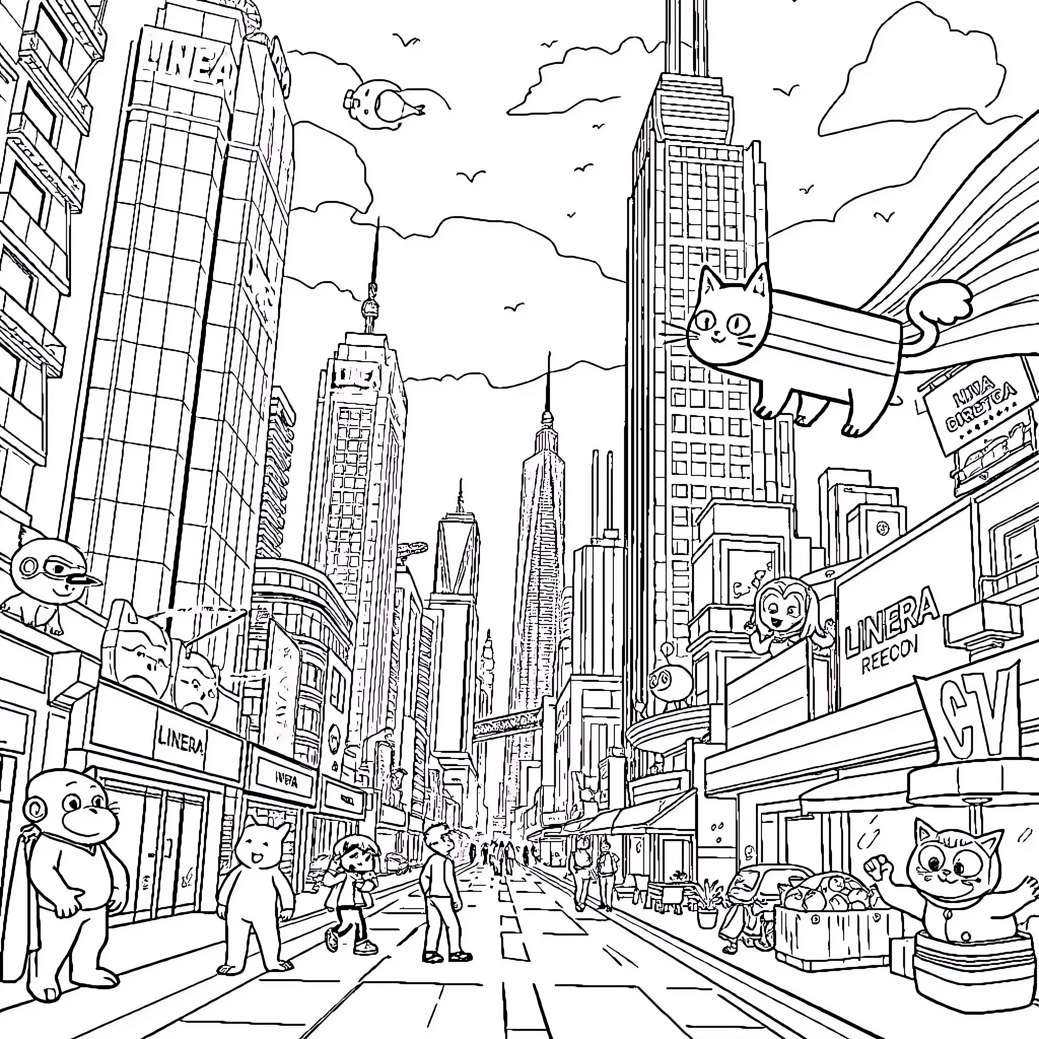 NFT Character exploring the bustling city streets Coloring Page (free black-and-white line drawing printable PDF for all, from beginners to advanced learners, including children, teens, adults, and seniors)