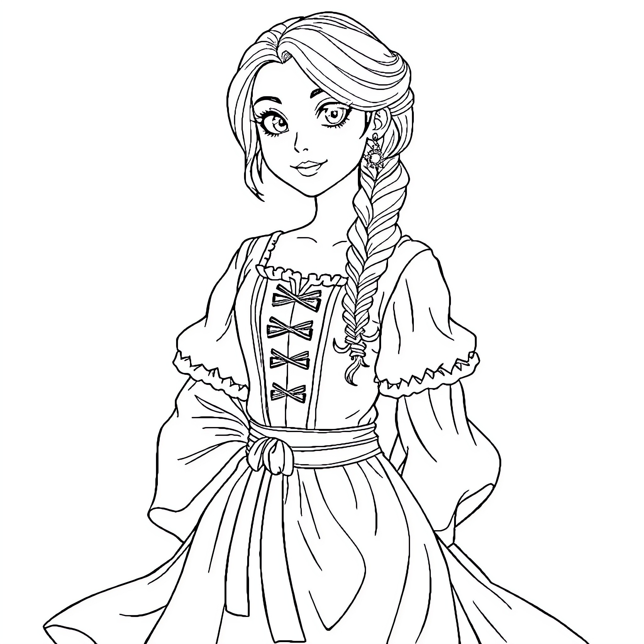 Renaissance Woman in Ornate Dress and Hairstyle Coloring Page (free black-and-white line drawing printable PDF for all, from beginners to advanced learners, including children, teens, adults, and seniors)