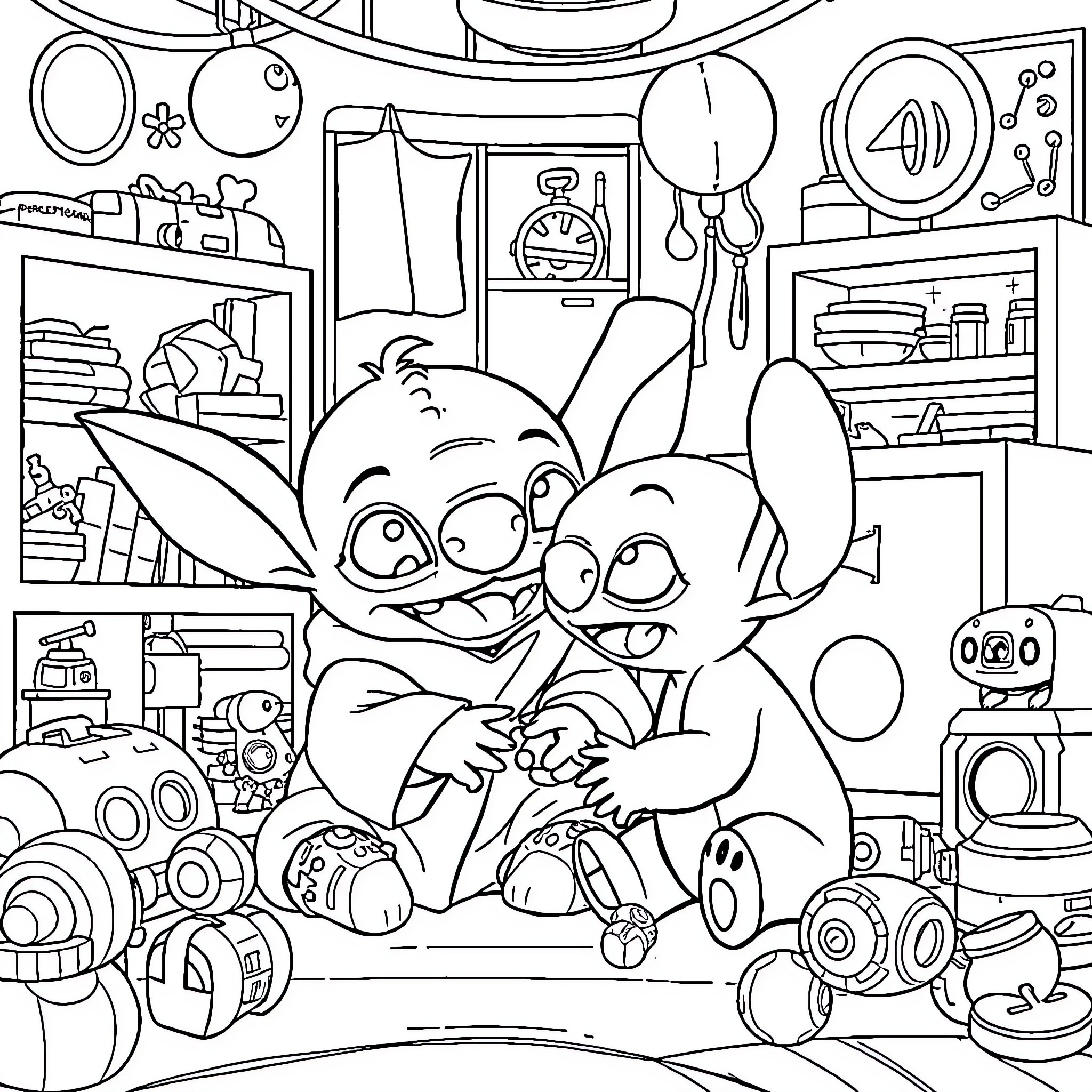Baby Yoda Playing with Toy Robot in Cluttered Room Coloring Page (free black-and-white line drawing printable PDF for all, from beginners to advanced learners, including children, teens, adults, and seniors)