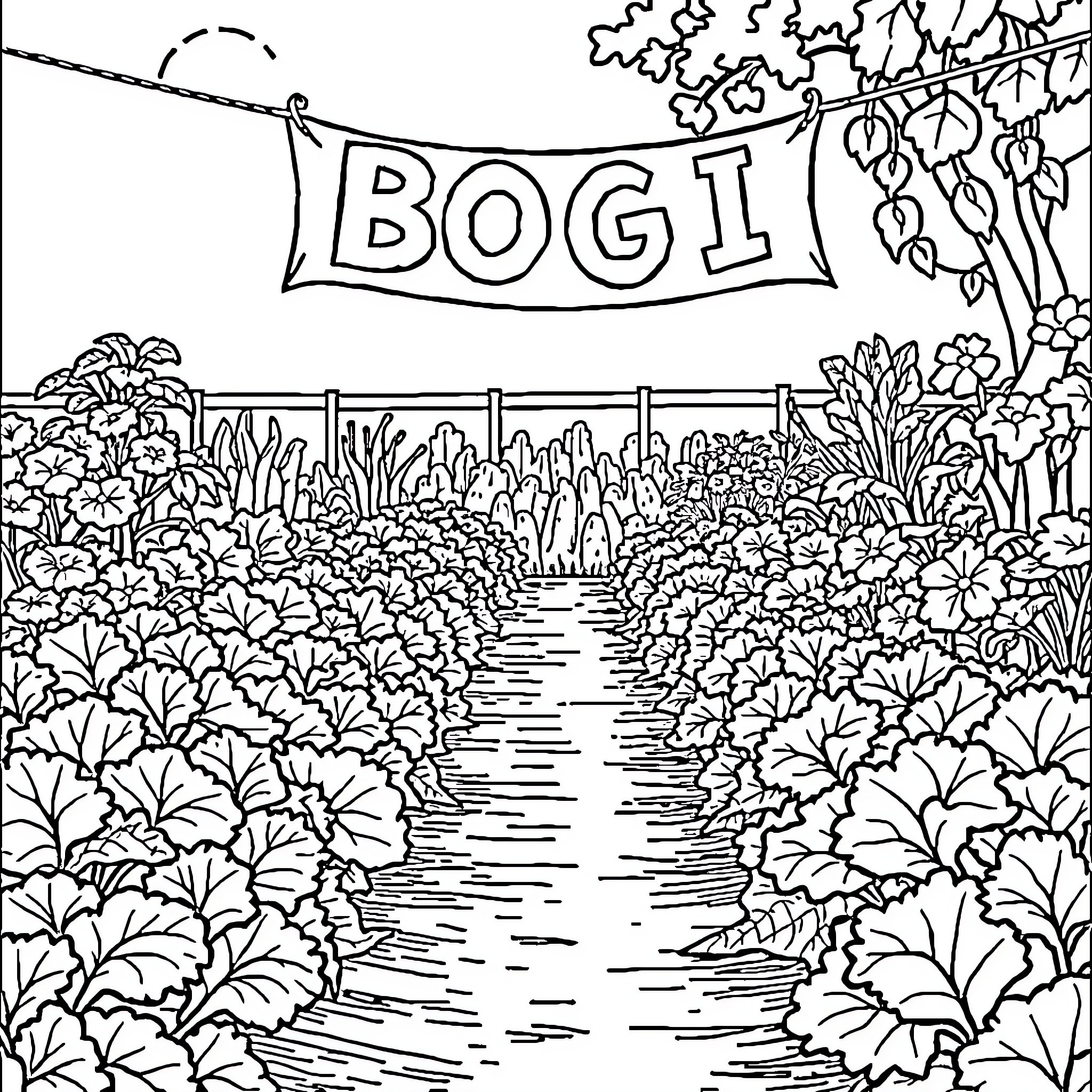 Garden with a bogi sign and lush foliage Coloring Page (free black-and-white line drawing printable PDF for all, from beginners to advanced learners, including children, teens, adults, and seniors)