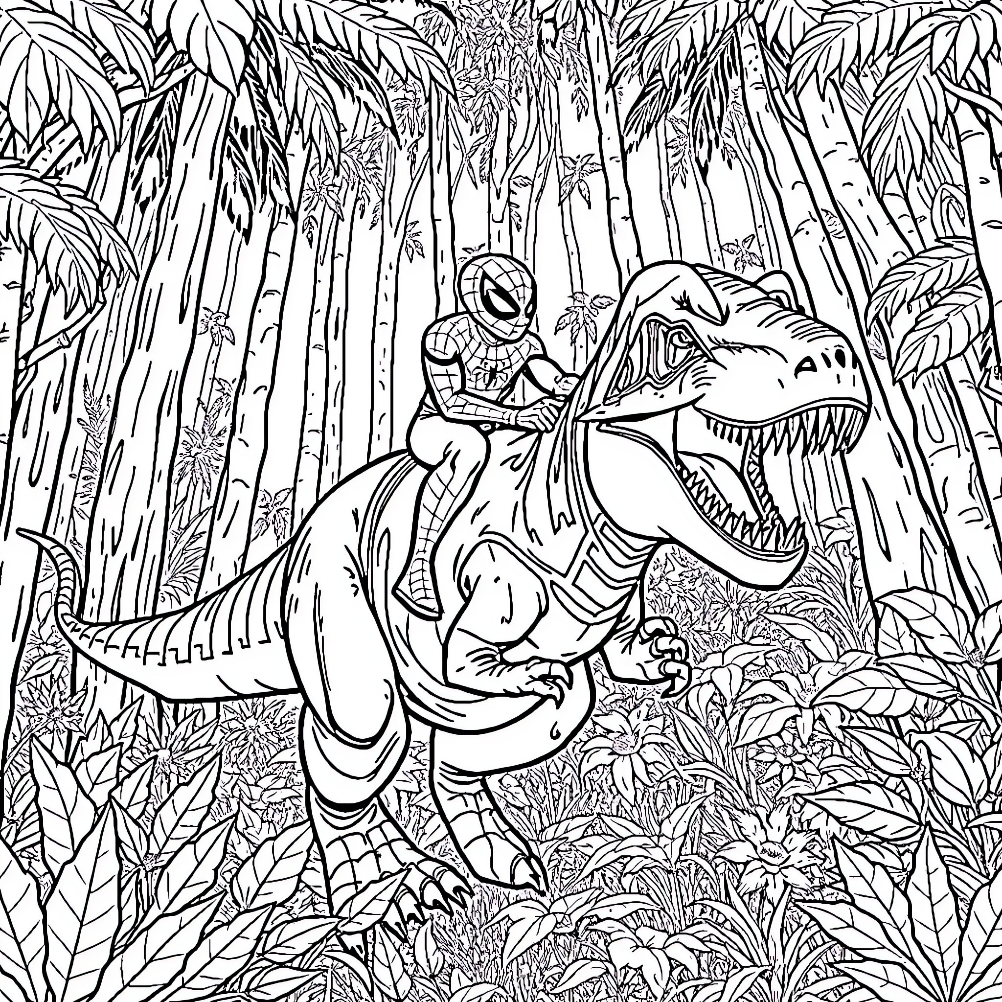 Spider-Man riding a fearsome T-rex in the jungle Coloring Page (free black-and-white line drawing printable PDF for all, from beginners to advanced learners, including children, teens, adults, and seniors)