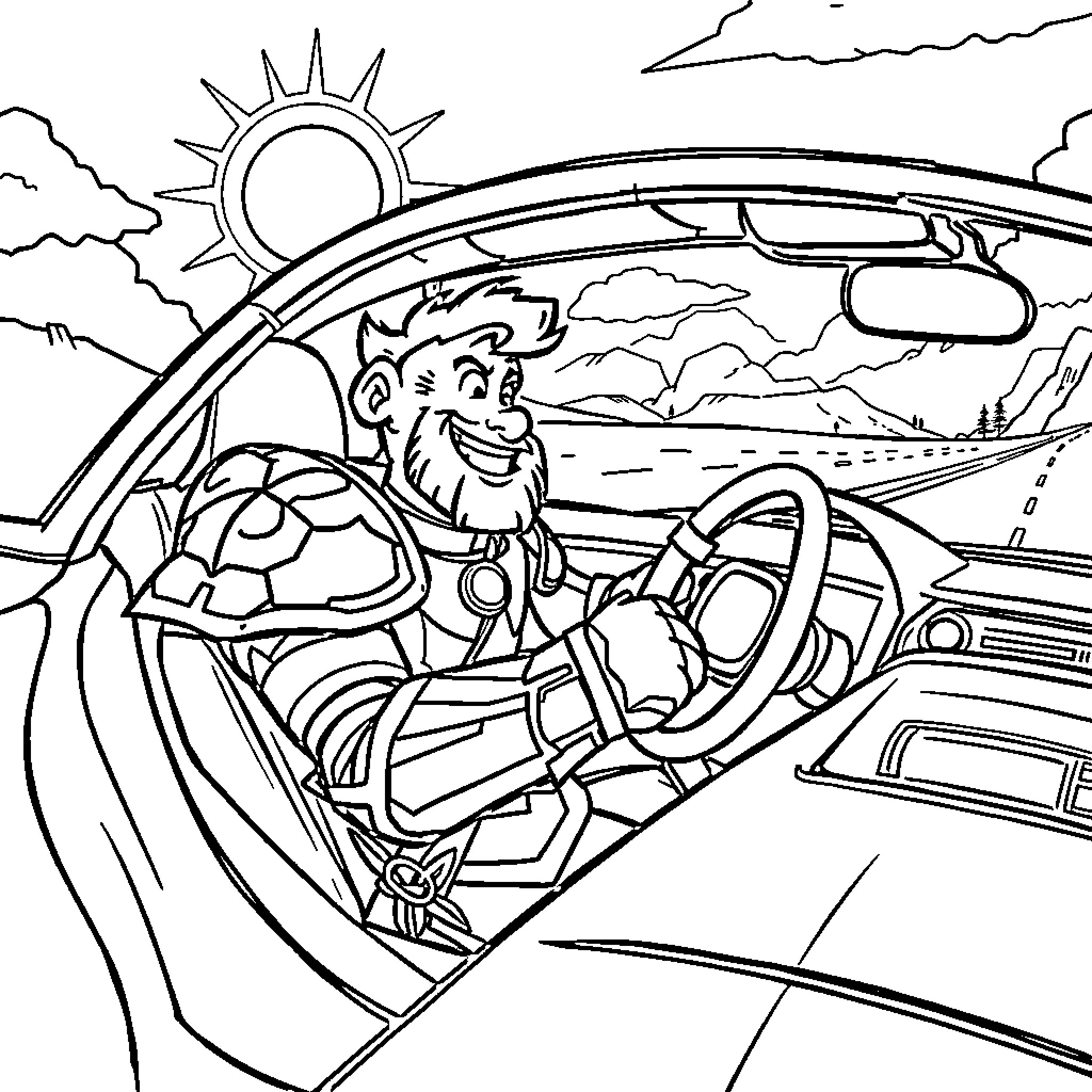 Runescape Character Driving a Car on the Open Road Coloring Page (free black-and-white line drawing printable PDF for all, from beginners to advanced learners, including children, teens, adults, and seniors)