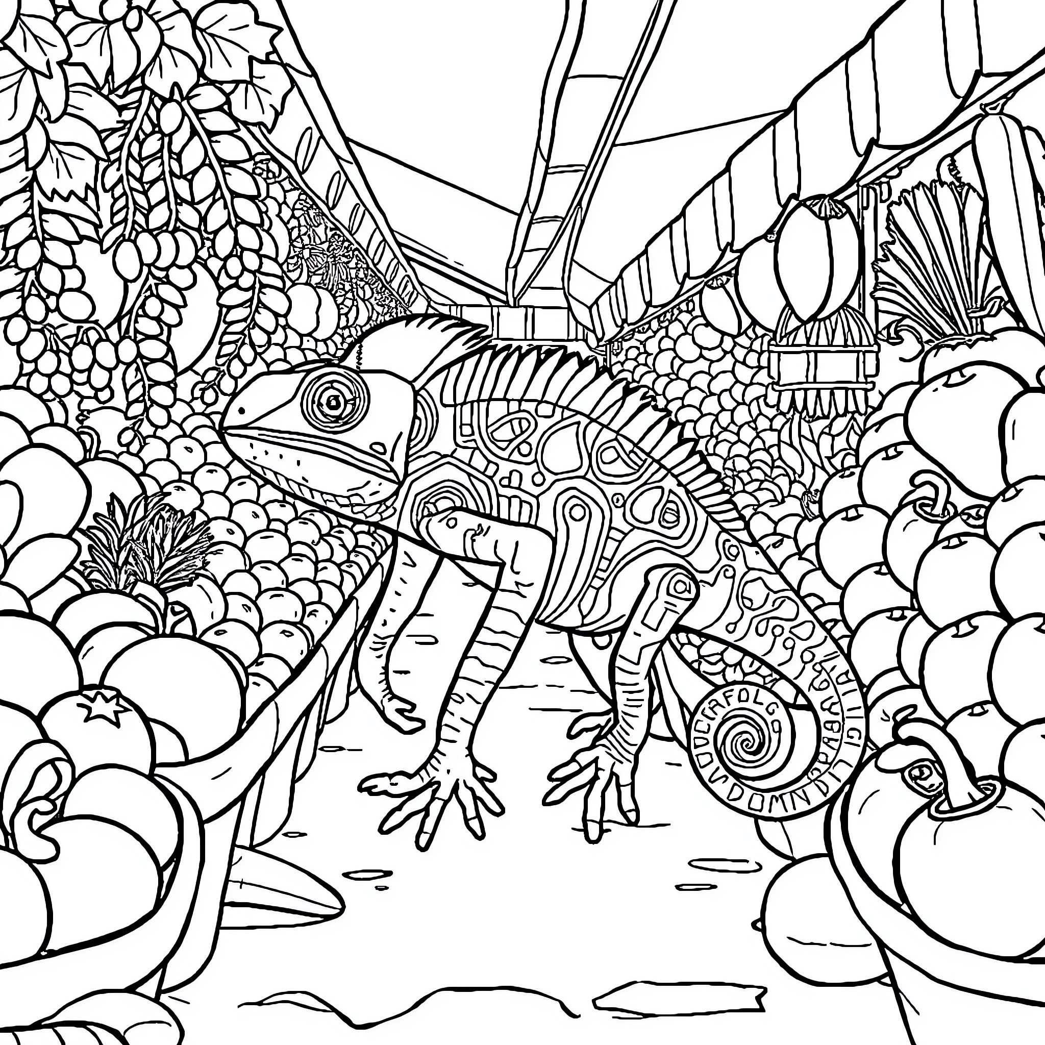 Chameleon exploring magical nature landscape Coloring Page (free black-and-white line drawing printable PDF for all, from beginners to advanced learners, including children, teens, adults, and seniors)