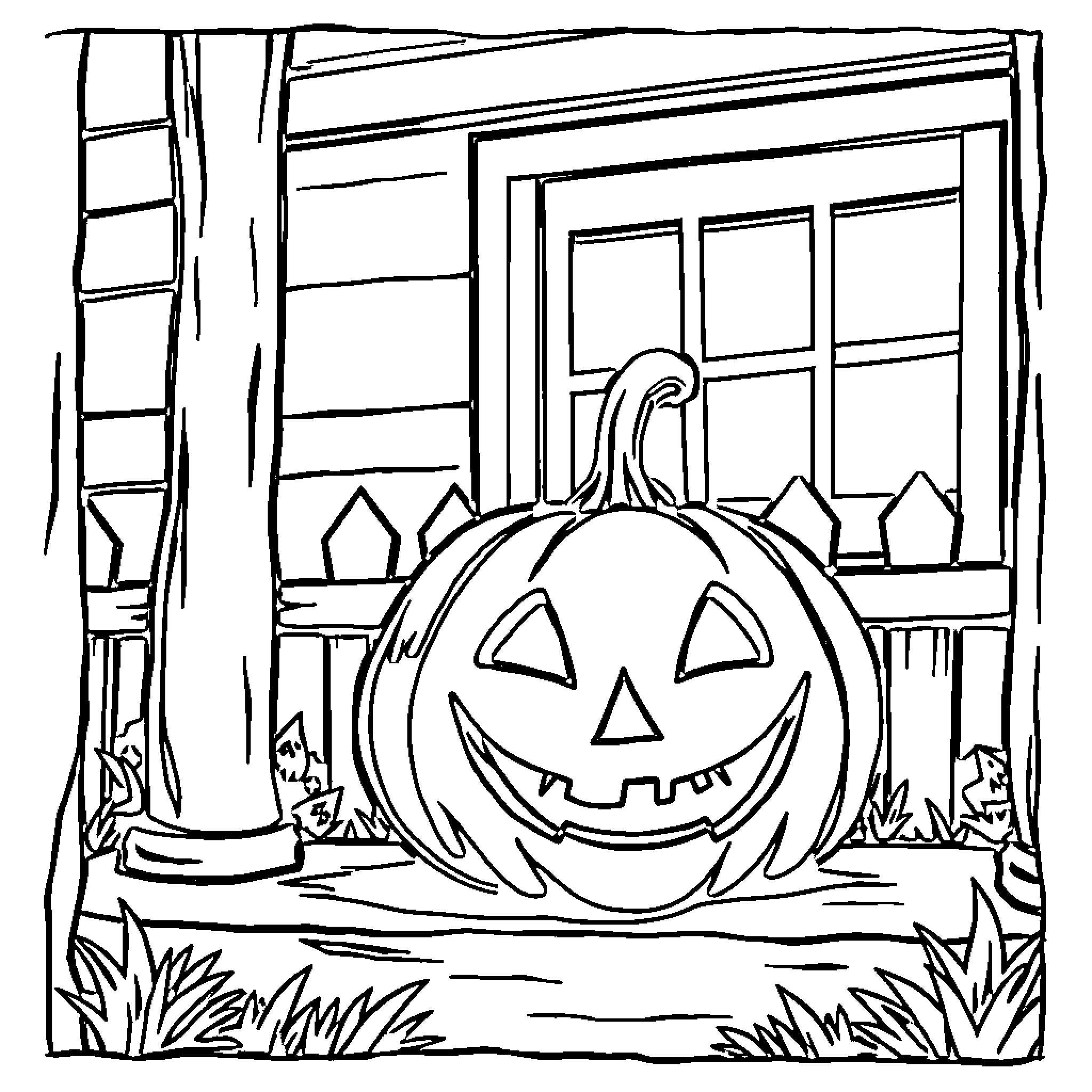 Jack-o'-lantern on the spooky porch Coloring Page (free black-and-white line drawing printable PDF for all, from beginners to advanced learners, including children, teens, adults, and seniors)