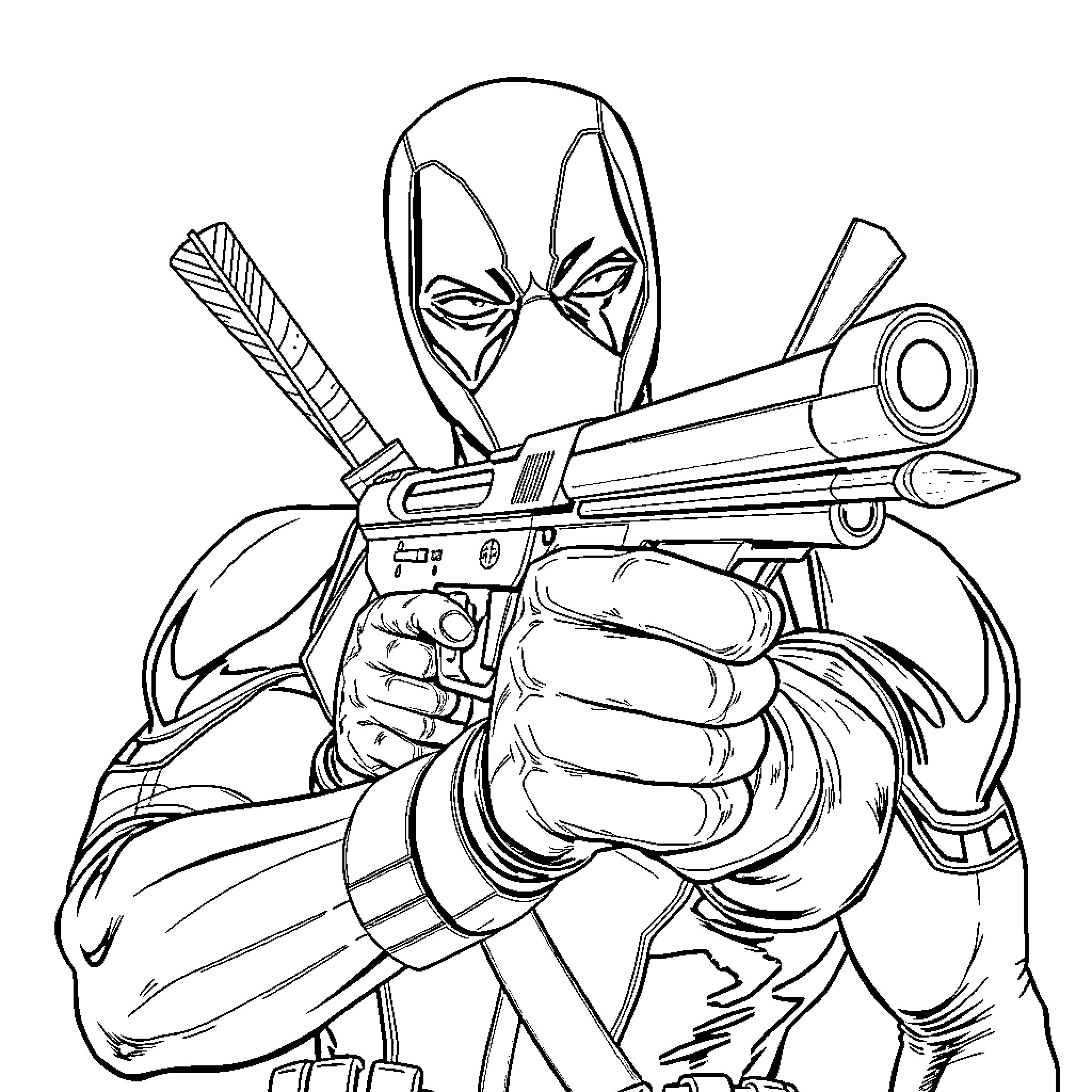 Deadpool brandishing weapons in action-packed pose Coloring Page (free black-and-white line drawing printable PDF for all, from beginners to advanced learners, including children, teens, adults, and seniors)