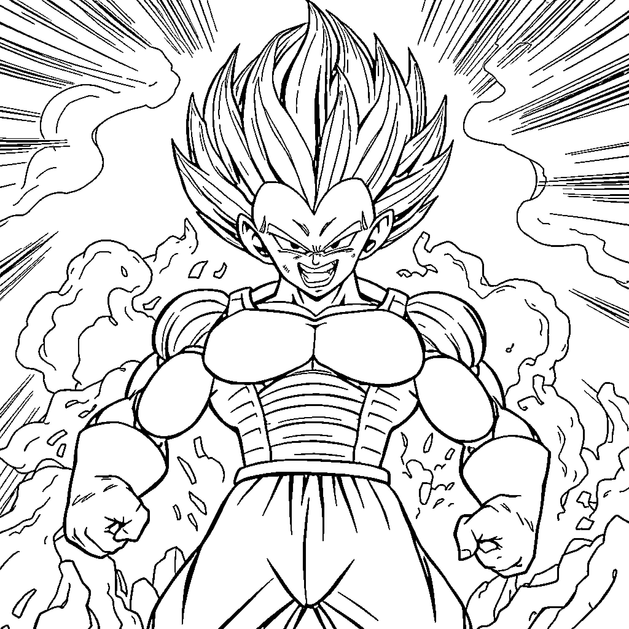 Majin Vegeta's Intense Transformation Coloring Page (free black-and-white line drawing printable PDF for all, from beginners to advanced learners, including children, teens, adults, and seniors)