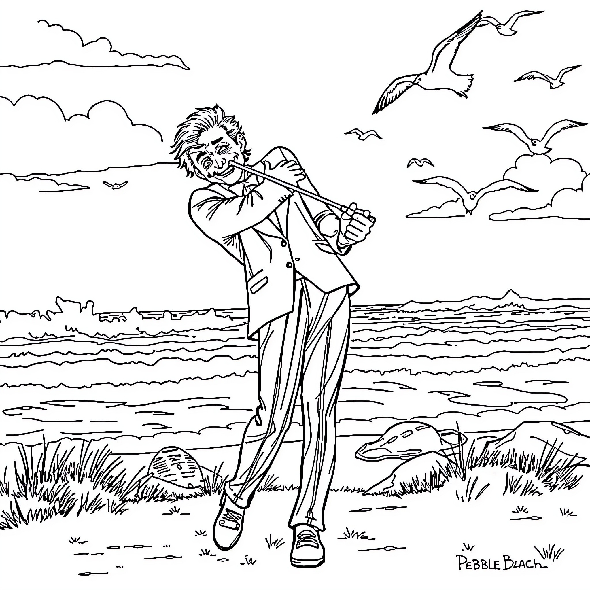 Joker enjoying a casual stroll on the beach Coloring Page (free black-and-white line drawing printable PDF for all, from beginners to advanced learners, including children, teens, adults, and seniors)
