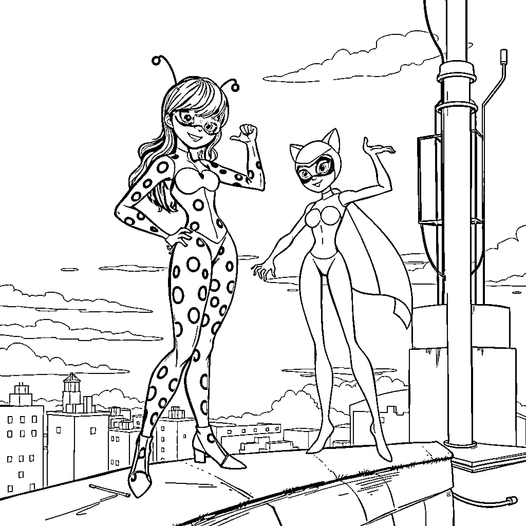 Ladybug heroines saving the city Coloring Page (free black-and-white line drawing printable PDF for all, from beginners to advanced learners, including children, teens, adults, and seniors)
