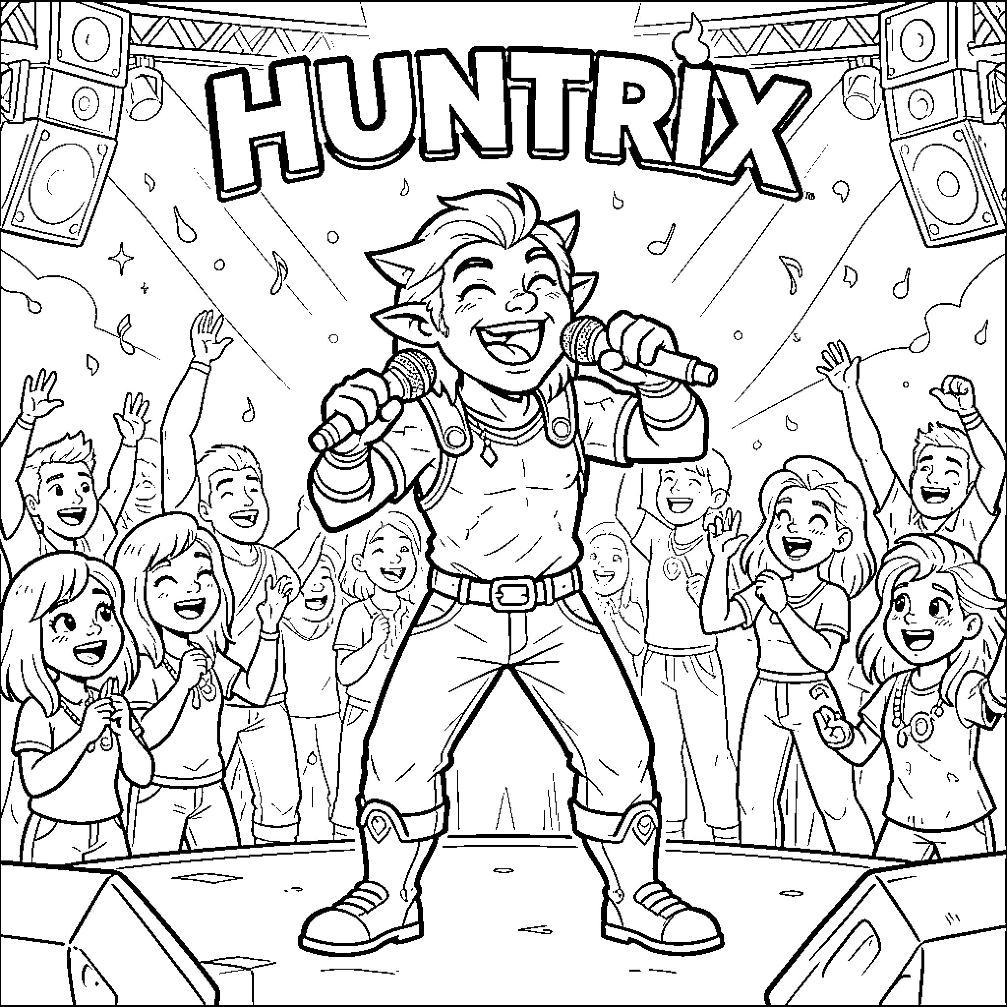 Huntrix singing joyfully on stage for an excited crowd Coloring Page (free black-and-white line drawing printable PDF for all, from beginners to advanced learners, including children, teens, adults, and seniors)