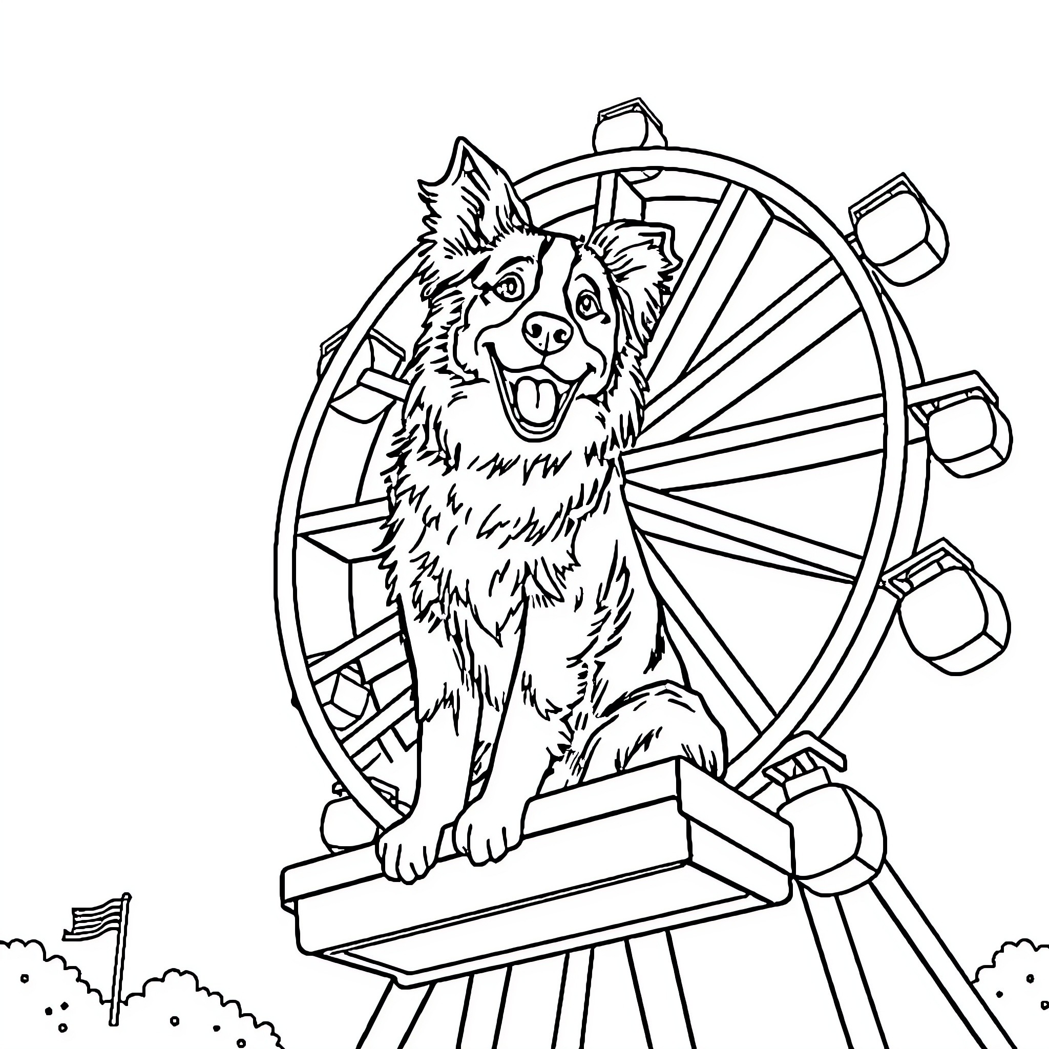 Border Collie enjoying a ride on a Ferris wheel Coloring Page (free black-and-white line drawing printable PDF for all, from beginners to advanced learners, including children, teens, adults, and seniors)