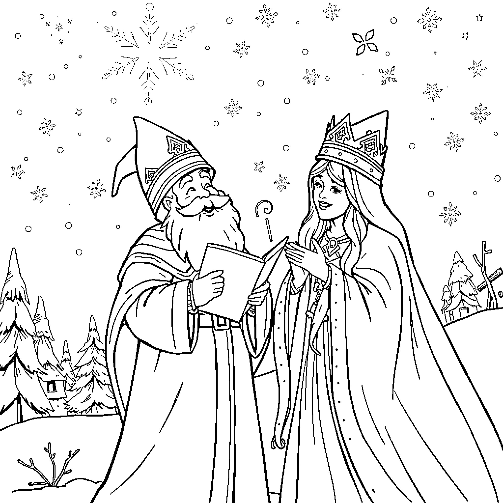 Saint Nicolas Blessing a Winter Queen Coloring Page (free black-and-white line drawing printable PDF for all, from beginners to advanced learners, including children, teens, adults, and seniors)