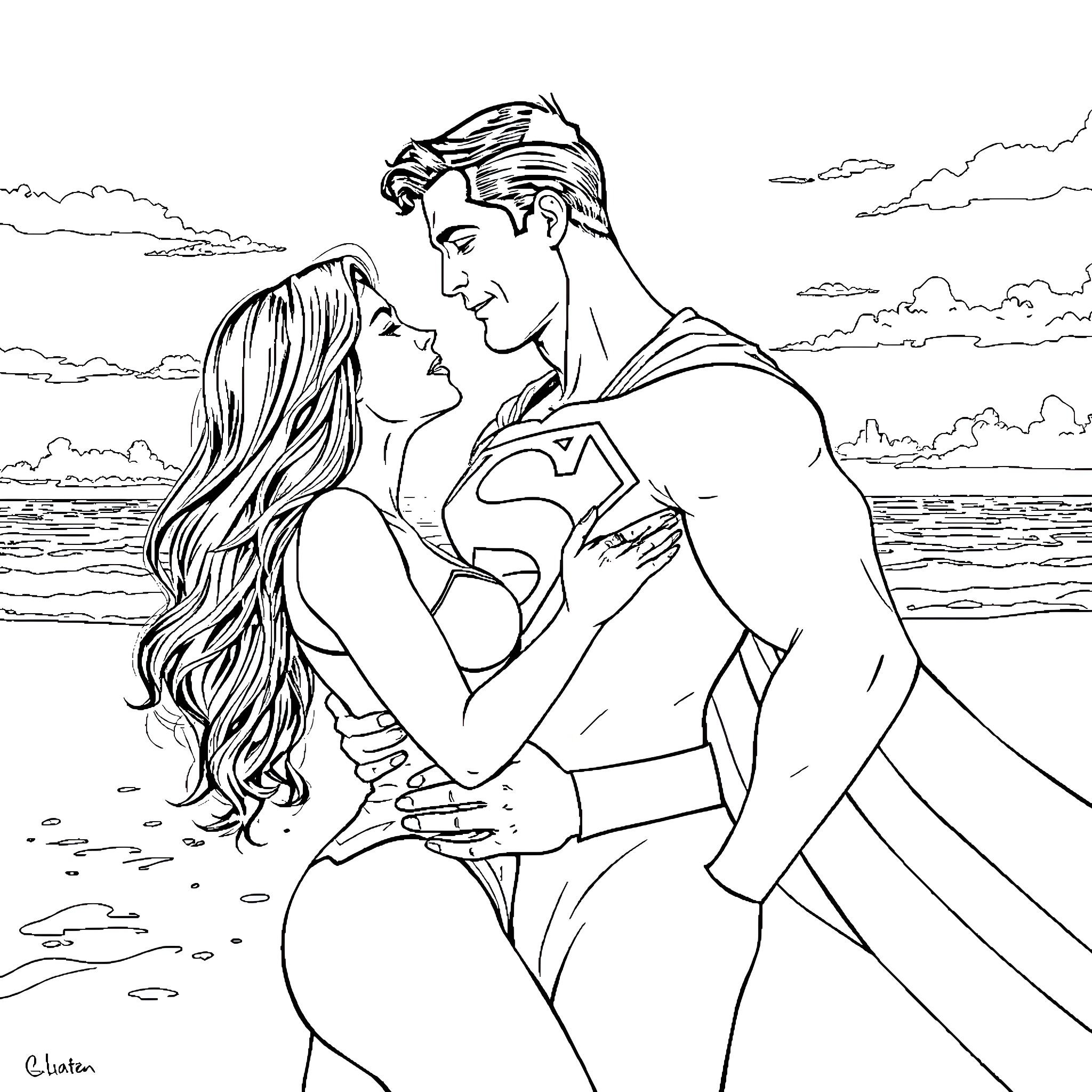 Superman and female companion on the beach Coloring Page (free black-and-white line drawing printable PDF for all, from beginners to advanced learners, including children, teens, adults, and seniors)