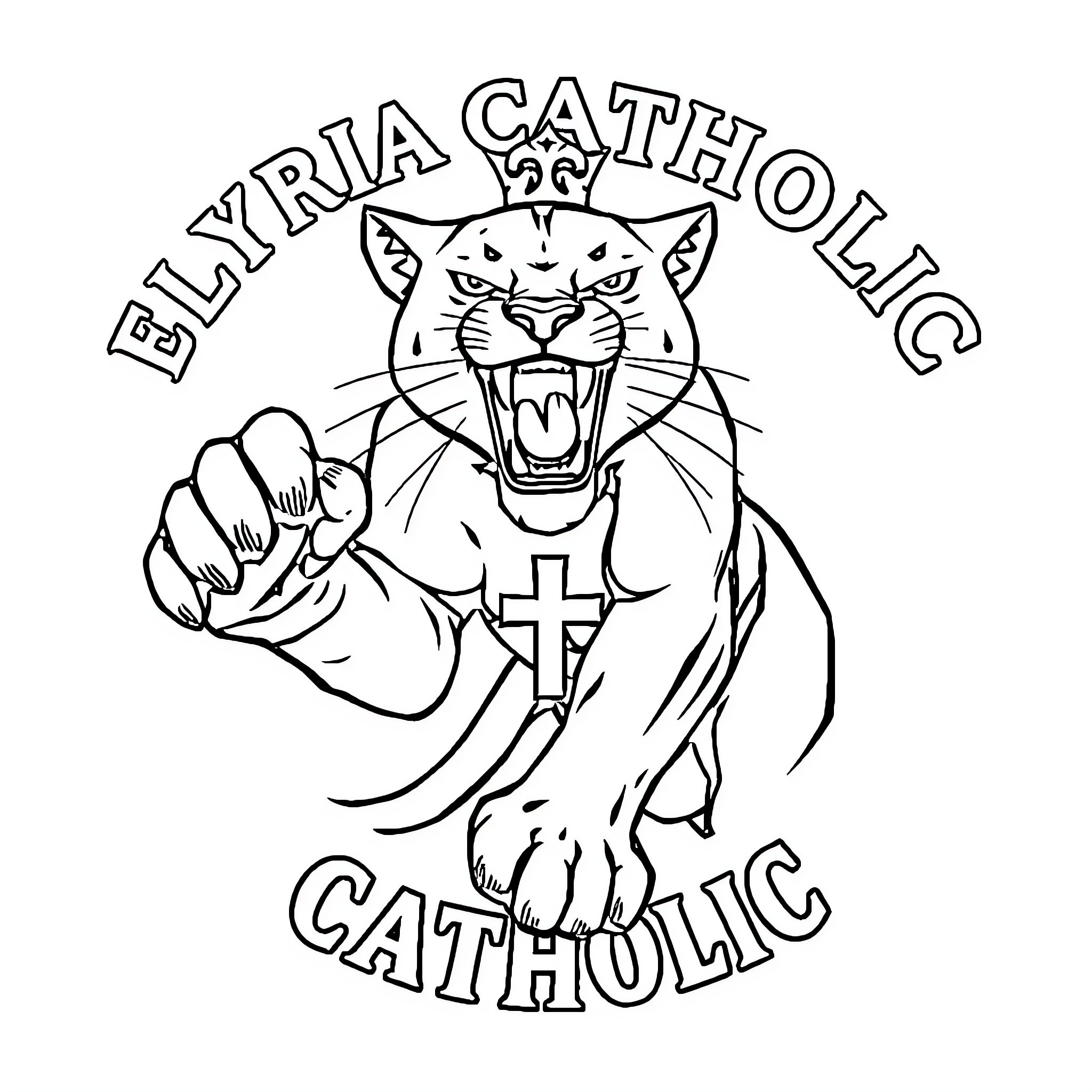 Panther posing aggressively with a cross symbol Coloring Page (free black-and-white line drawing printable PDF for all, from beginners to advanced learners, including children, teens, adults, and seniors)