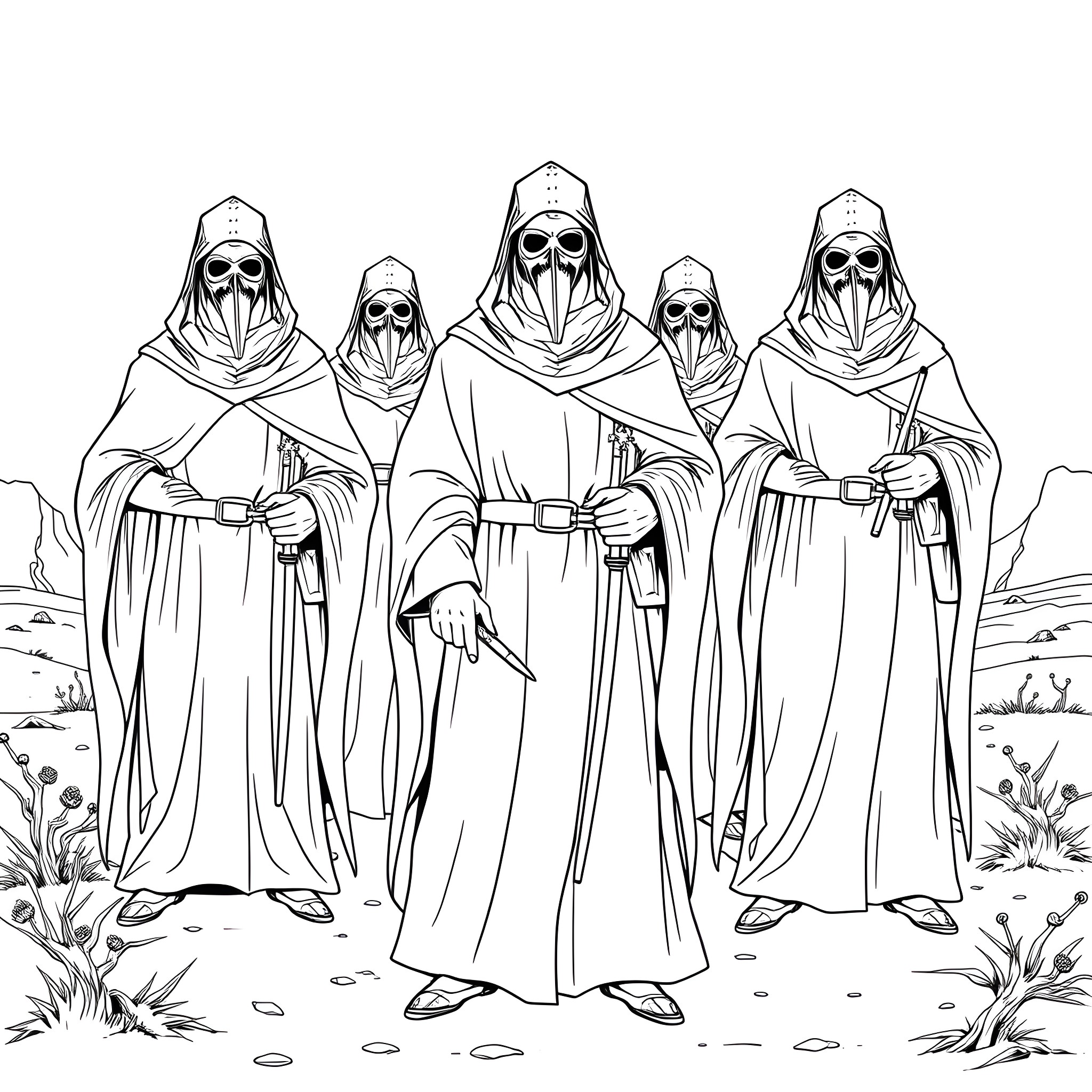 Doctor Figures in Hooded Robes Holding Instruments Coloring Page (free black-and-white line drawing printable PDF for all, from beginners to advanced learners, including children, teens, adults, and seniors)
