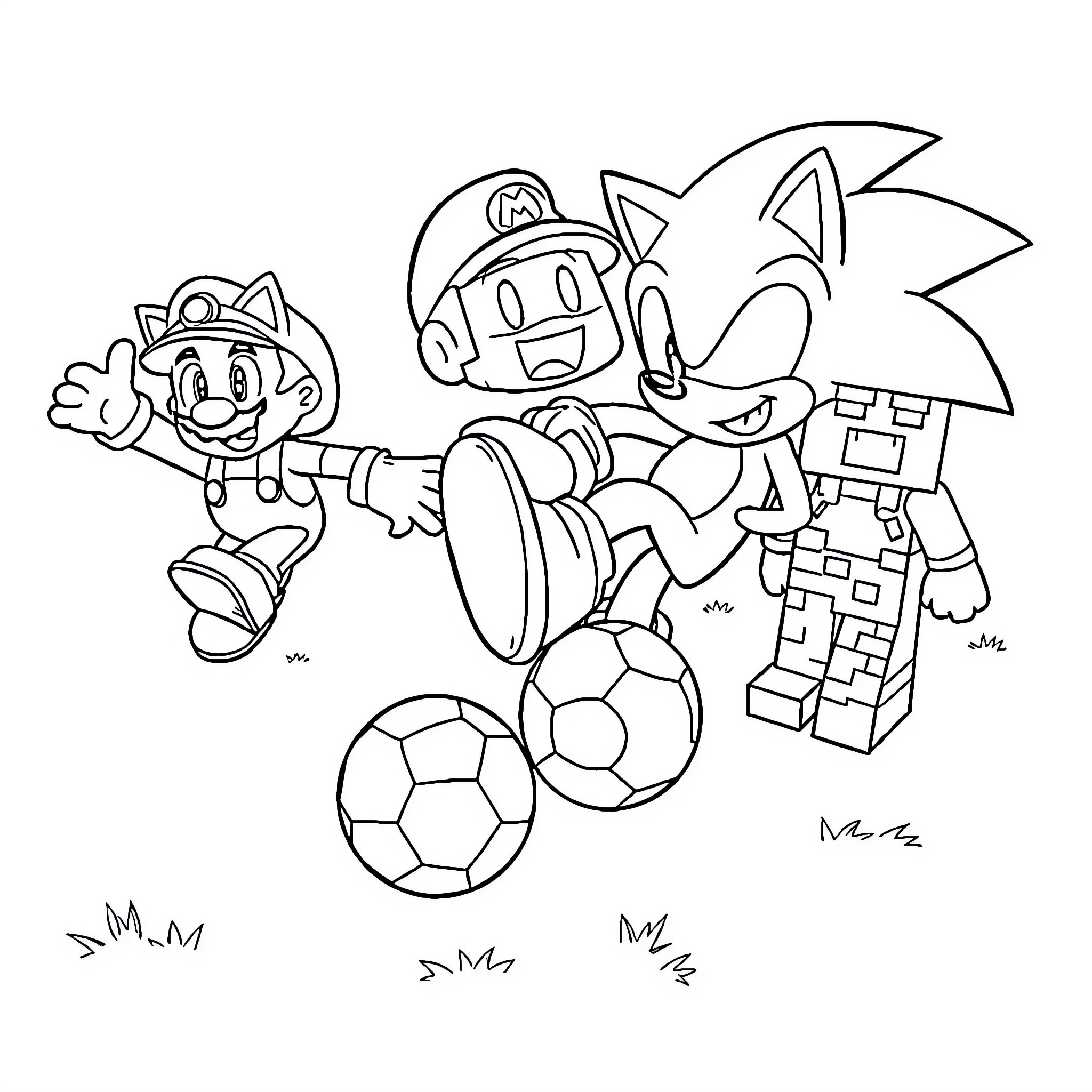 Sonic and friends playing soccer together Coloring Page (free black-and-white line drawing printable PDF for all, from beginners to advanced learners, including children, teens, adults, and seniors)