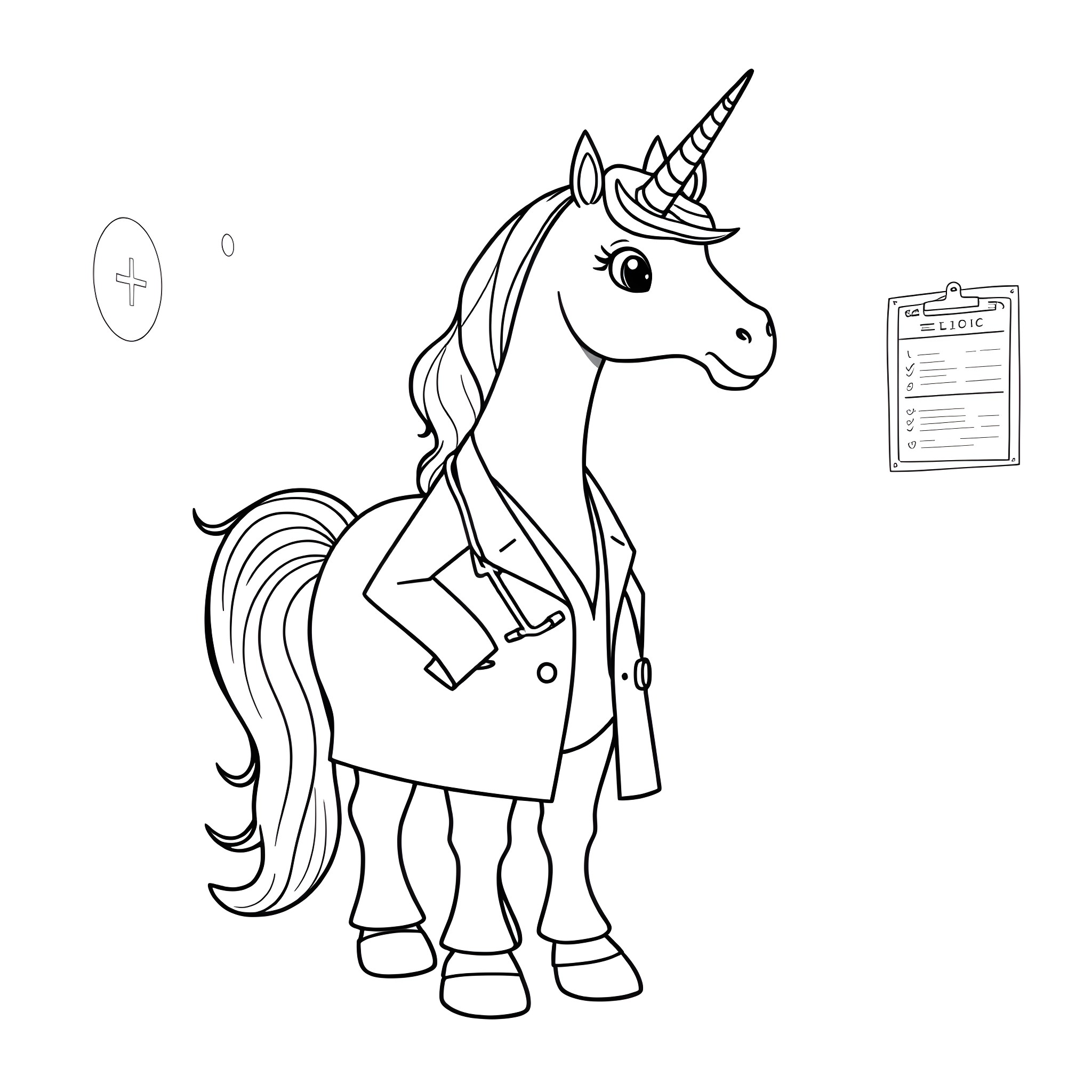 Unicorn in a doctor's coat with clipboard Coloring Page (free black-and-white line drawing printable PDF for all, from beginners to advanced learners, including children, teens, adults, and seniors)