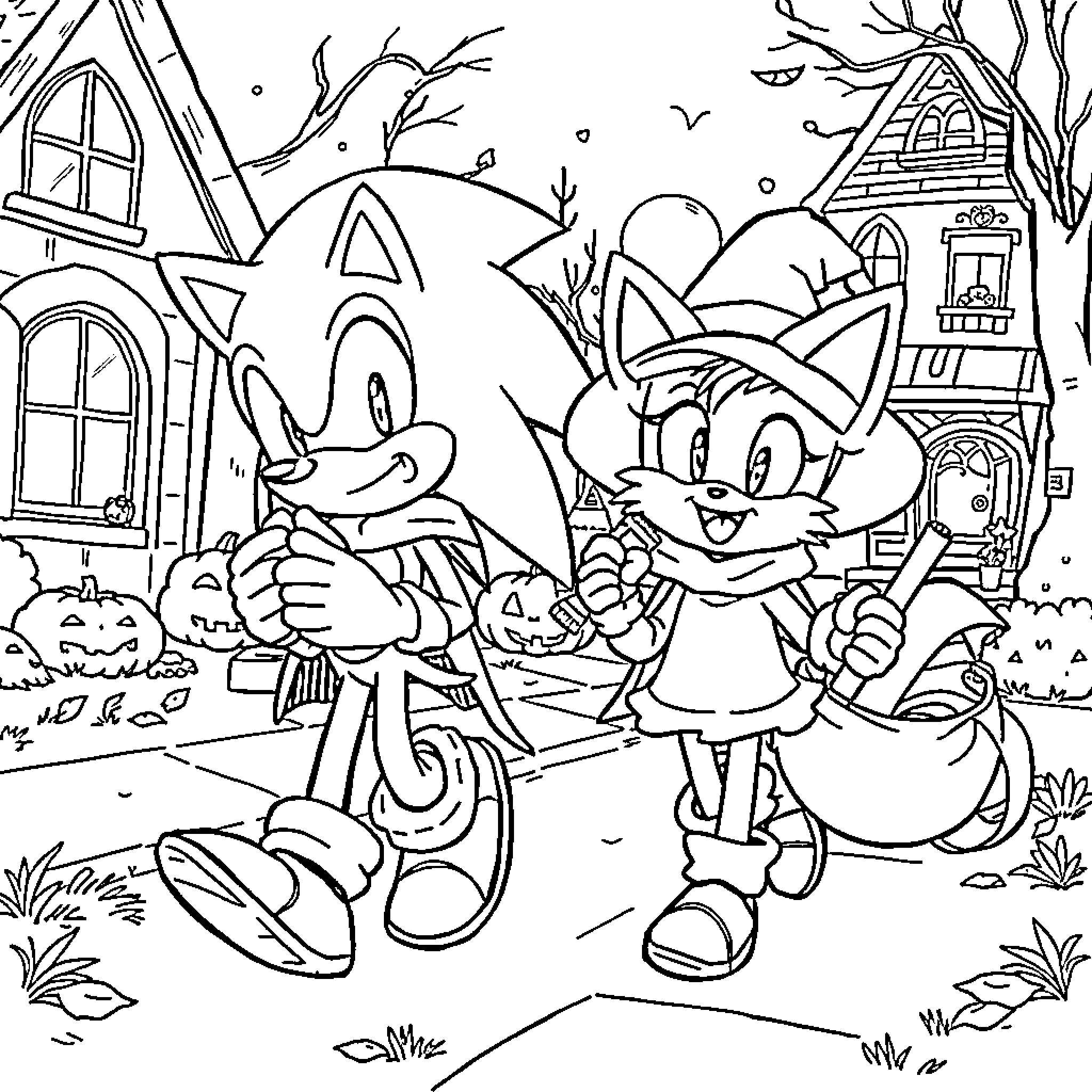 Sonic and Friends Explore Haunted House Coloring Page (free black-and-white line drawing printable PDF for all, from beginners to advanced learners, including children, teens, adults, and seniors)