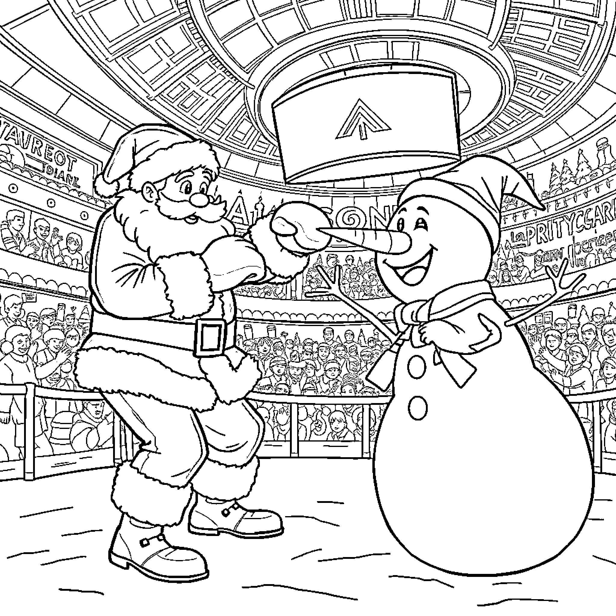 Santa Claus greeting a snowman in a winter wonderland Coloring Page (free black-and-white line drawing printable PDF for all, from beginners to advanced learners, including children, teens, adults, and seniors)
