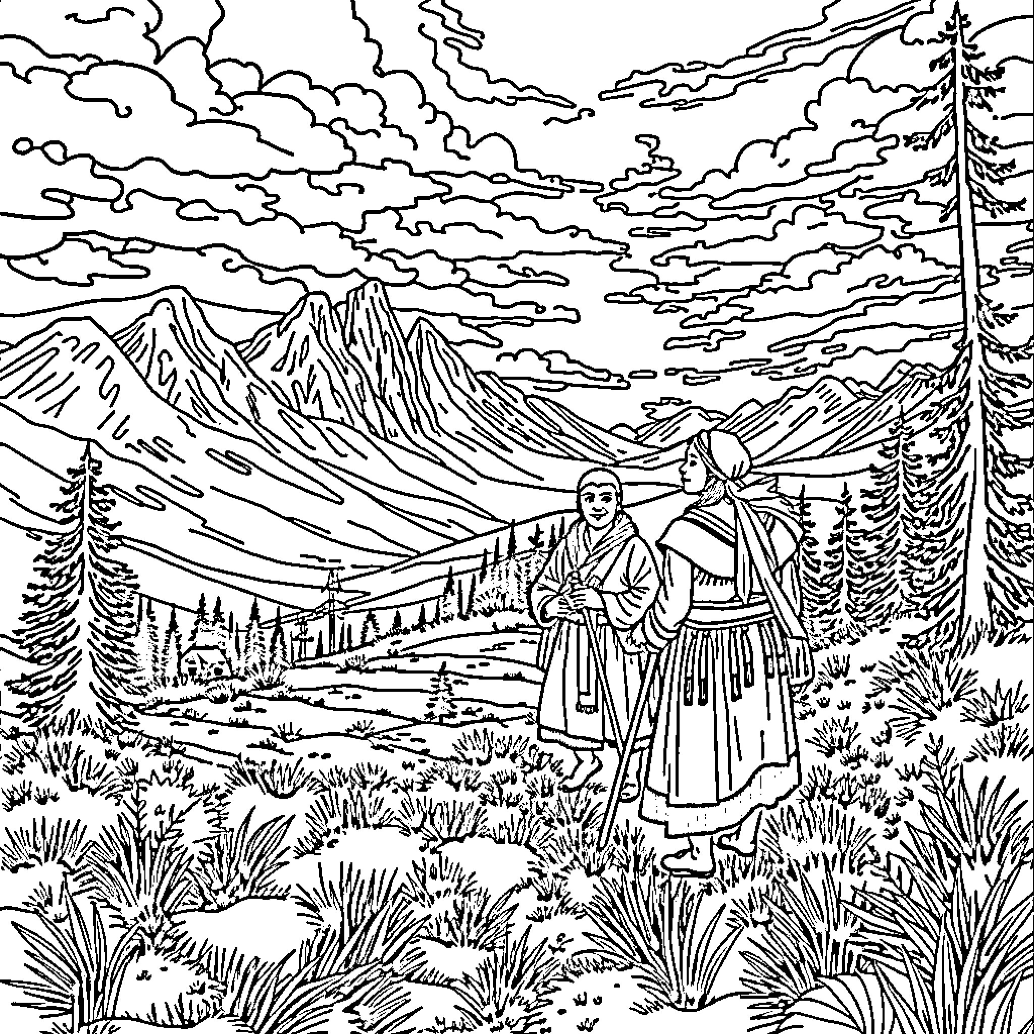Sacagawea and companion exploring the rugged mountain landscape Coloring Page (free black-and-white line drawing printable PDF for all, from beginners to advanced learners, including children, teens, adults, and seniors)