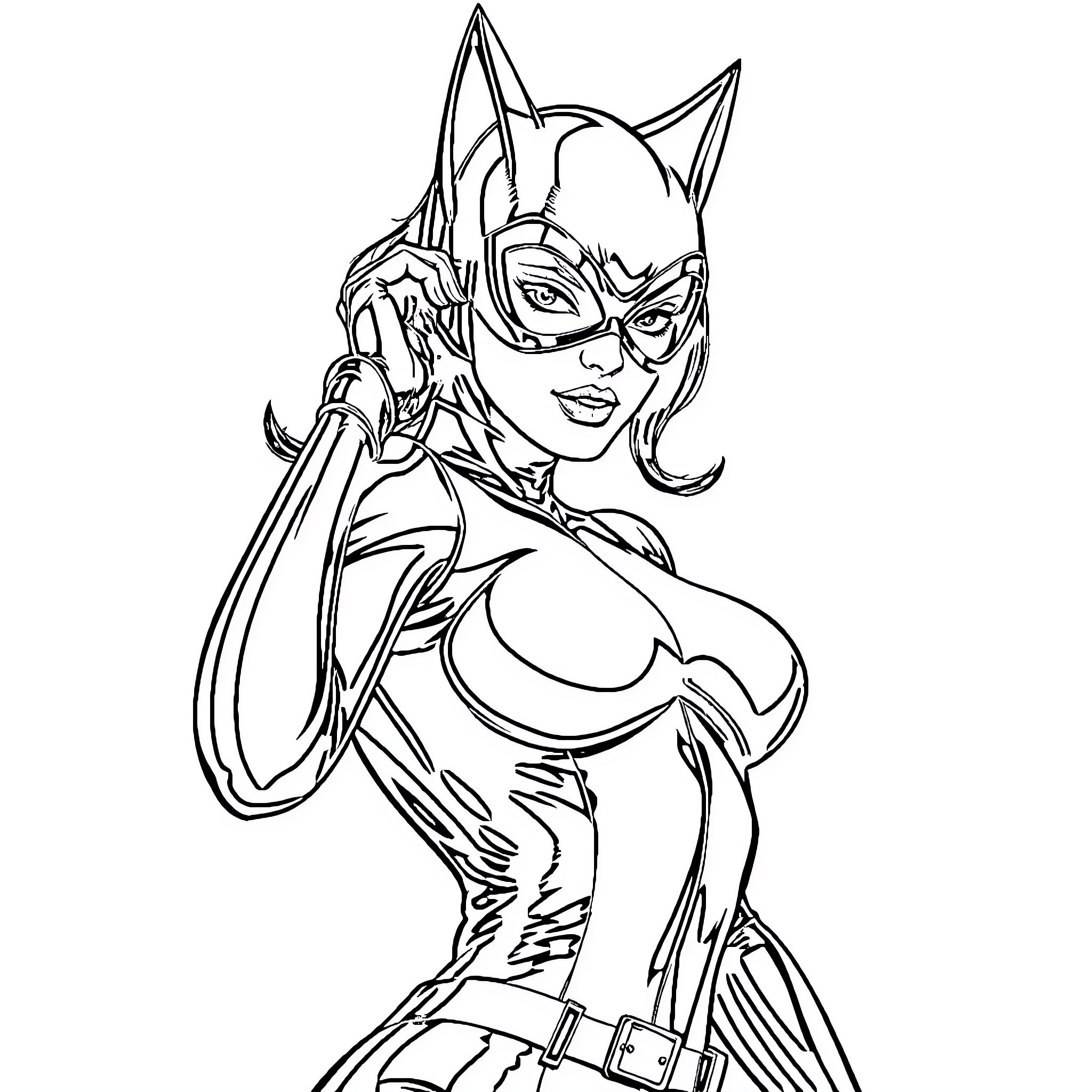 Catwoman in fierce action pose Coloring Page (free black-and-white line drawing printable PDF for all, from beginners to advanced learners, including children, teens, adults, and seniors)