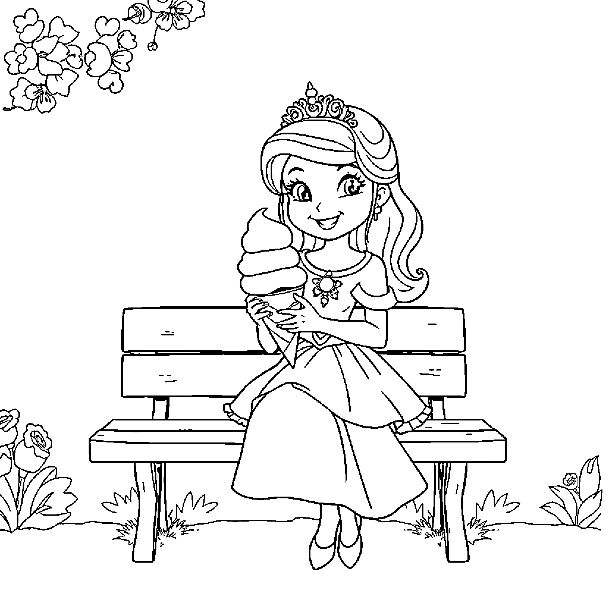 Princess sitting on a bench in a garden Coloring Page (free black-and-white line drawing printable PDF for all, from beginners to advanced learners, including children, teens, adults, and seniors)