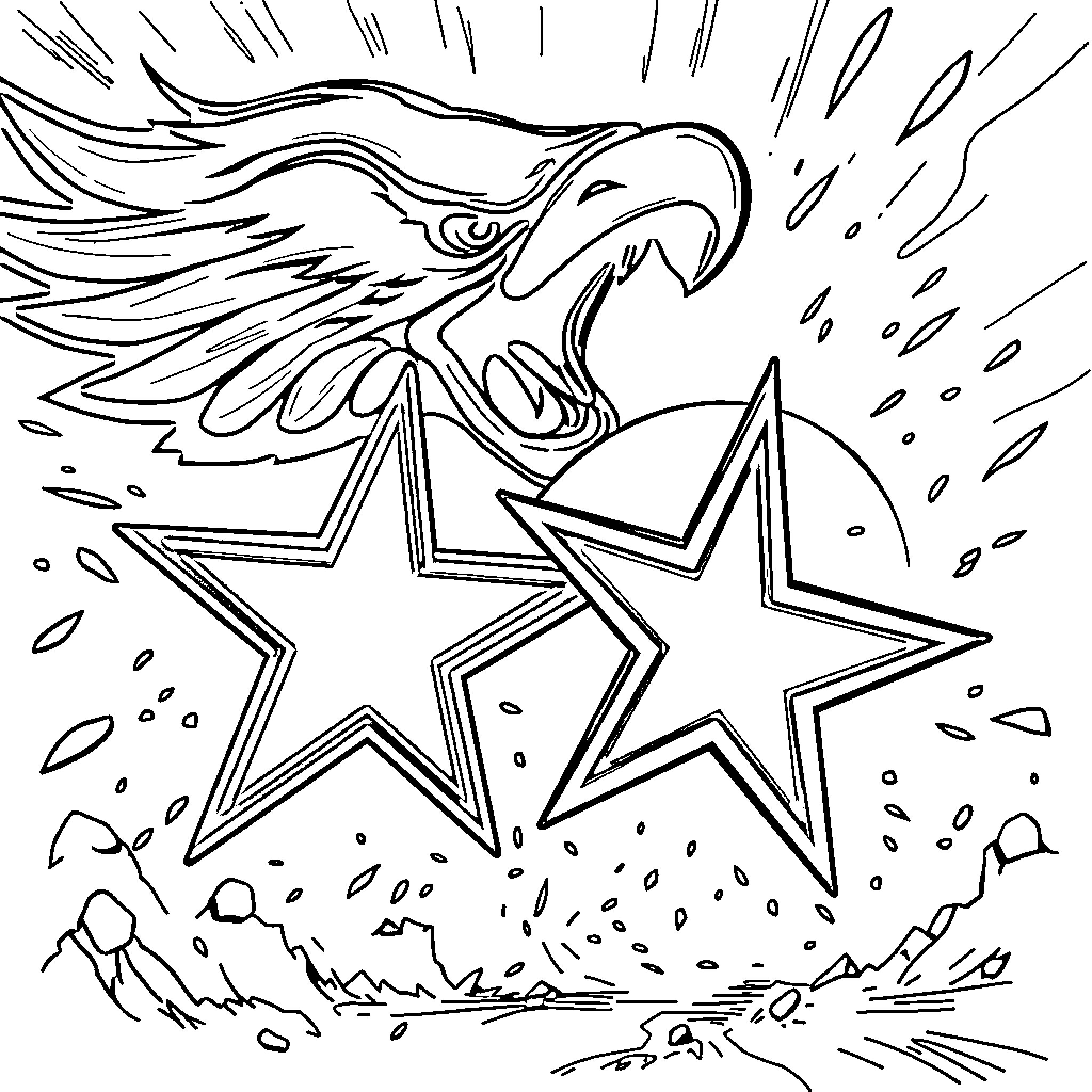 Eagles soaring through starry night sky Coloring Page (free black-and-white line drawing printable PDF for all, from beginners to advanced learners, including children, teens, adults, and seniors)