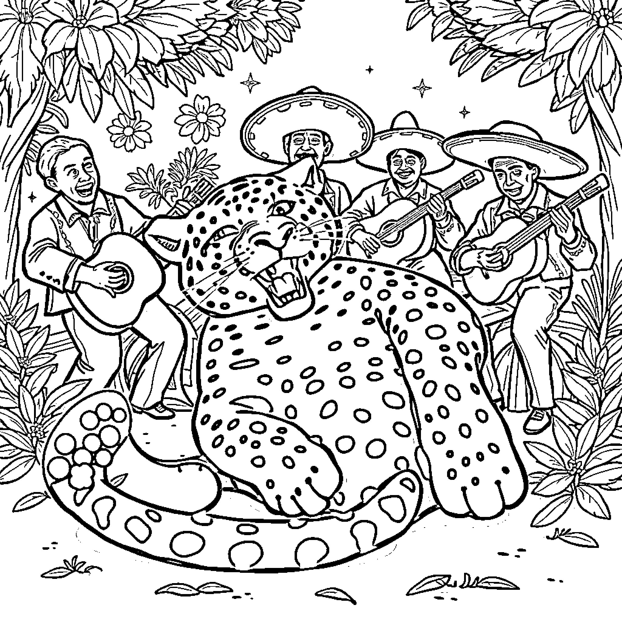 Jaguar entertained by mariachi musicians in the jungle Coloring Page (free black-and-white line drawing printable PDF for all, from beginners to advanced learners, including children, teens, adults, and seniors)