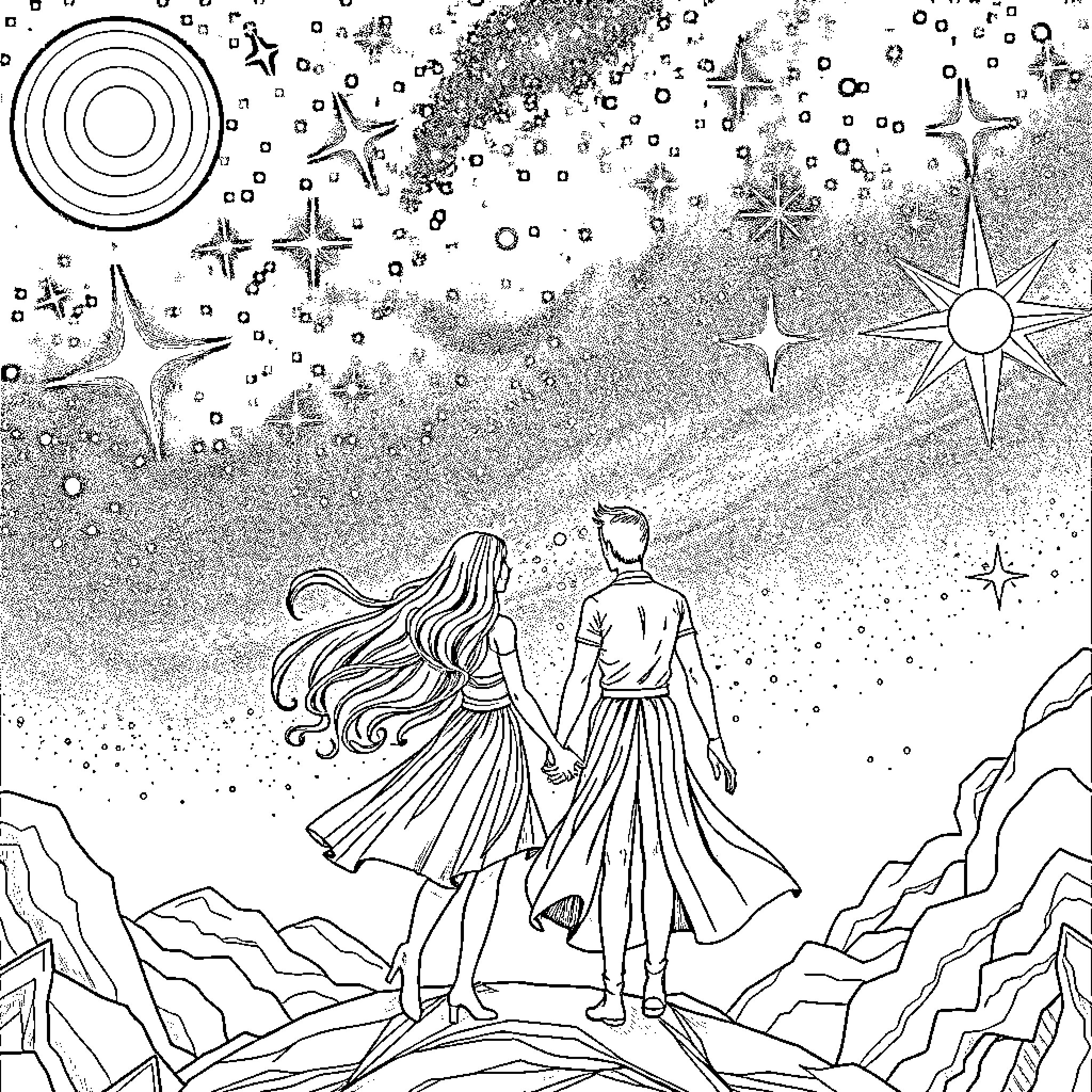 Lovers strolling under the starry night sky Coloring Page (free black-and-white line drawing printable PDF for all, from beginners to advanced learners, including children, teens, adults, and seniors)