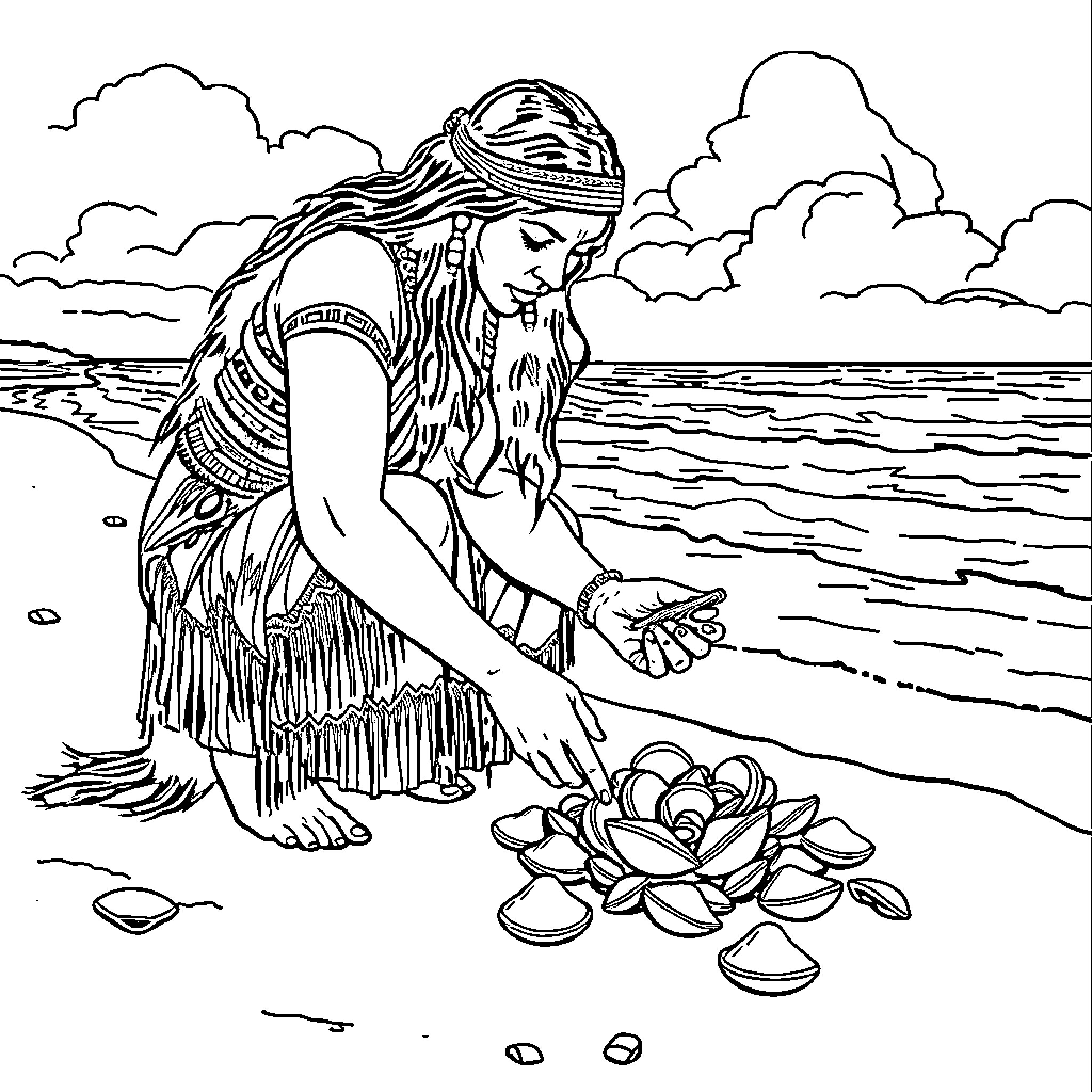 Woman in Tribal Attire Admiring Lotus Flowers by the Shore Coloring Page (free black-and-white line drawing printable PDF for all, from beginners to advanced learners, including children, teens, adults, and seniors)