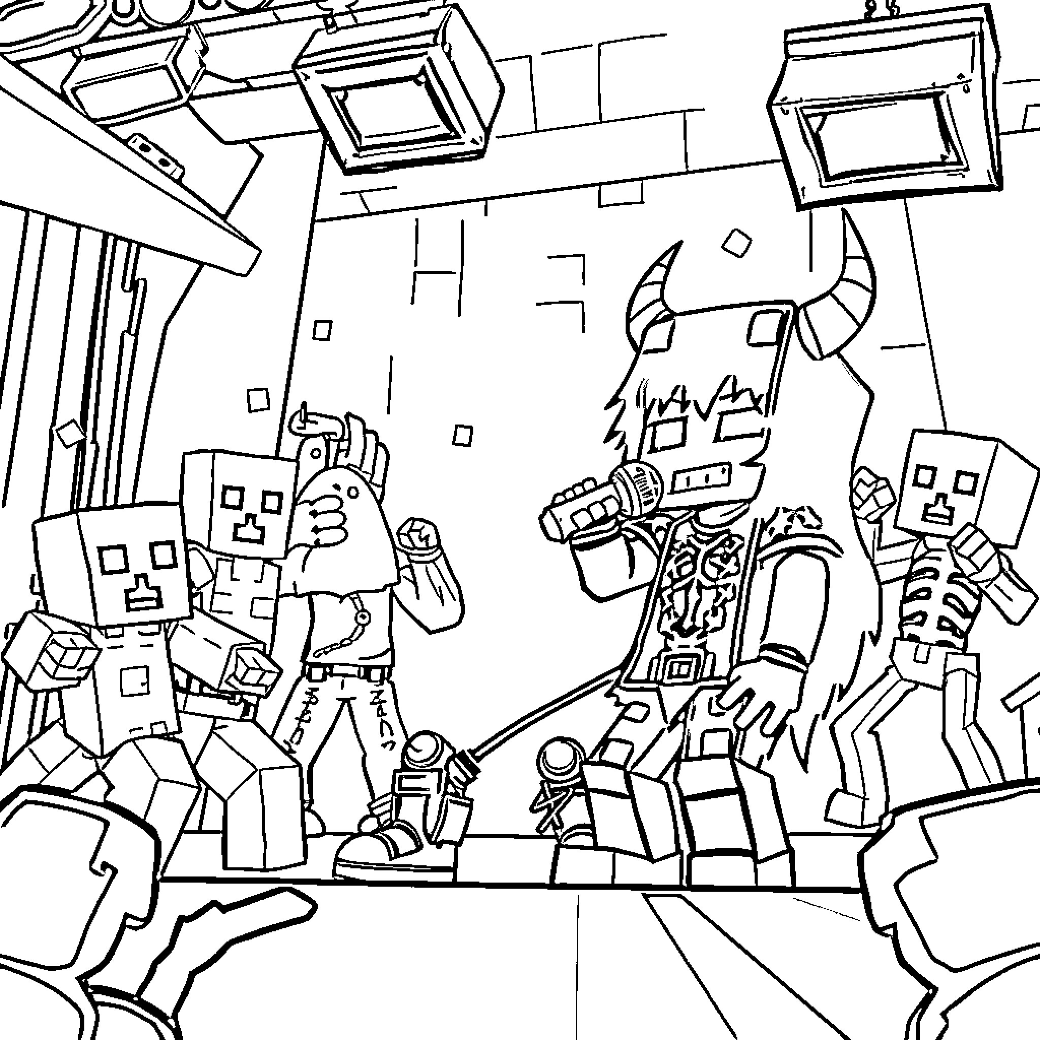 Huntrix's Robotic Encounter in a Futuristic Landscape Coloring Page (free black-and-white line drawing printable PDF for all, from beginners to advanced learners, including children, teens, adults, and seniors)
