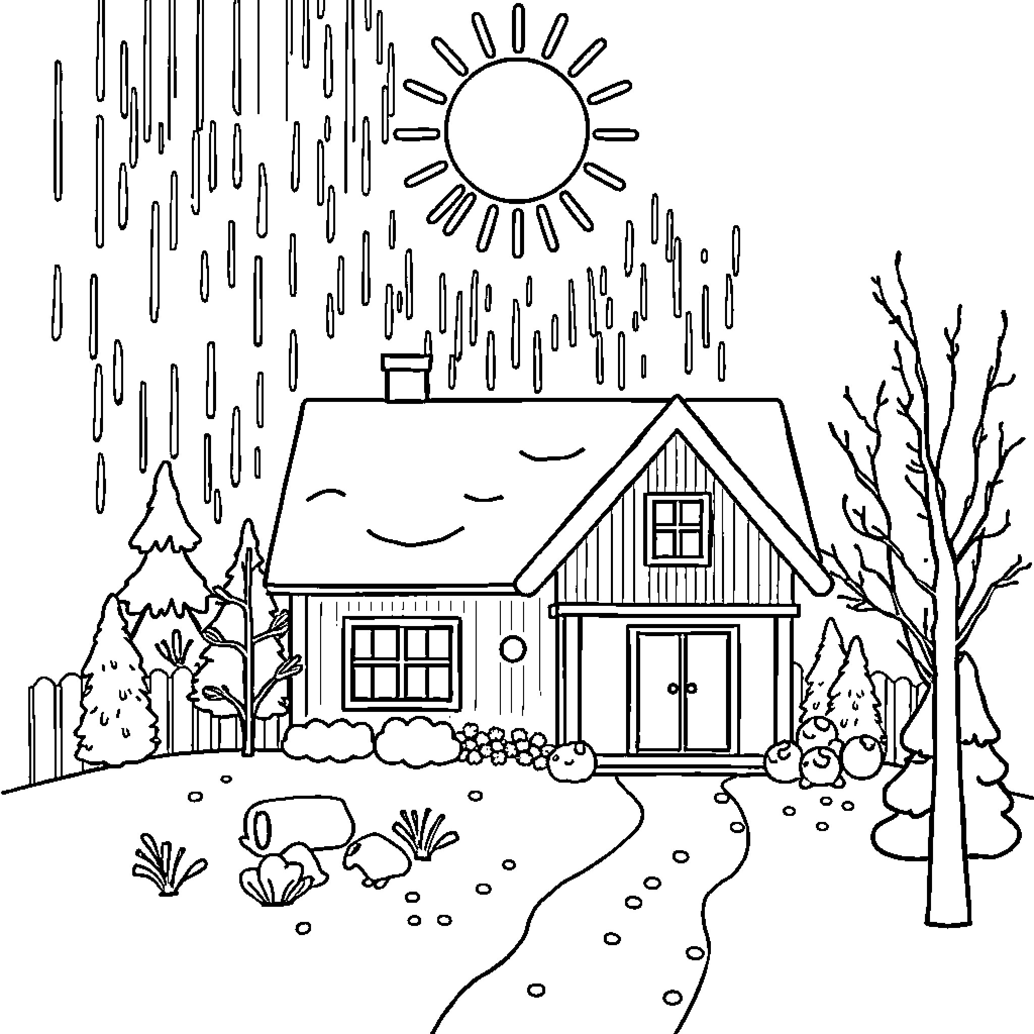 Home in the countryside with sunshine Coloring Page (free black-and-white line drawing printable PDF for all, from beginners to advanced learners, including children, teens, adults, and seniors)