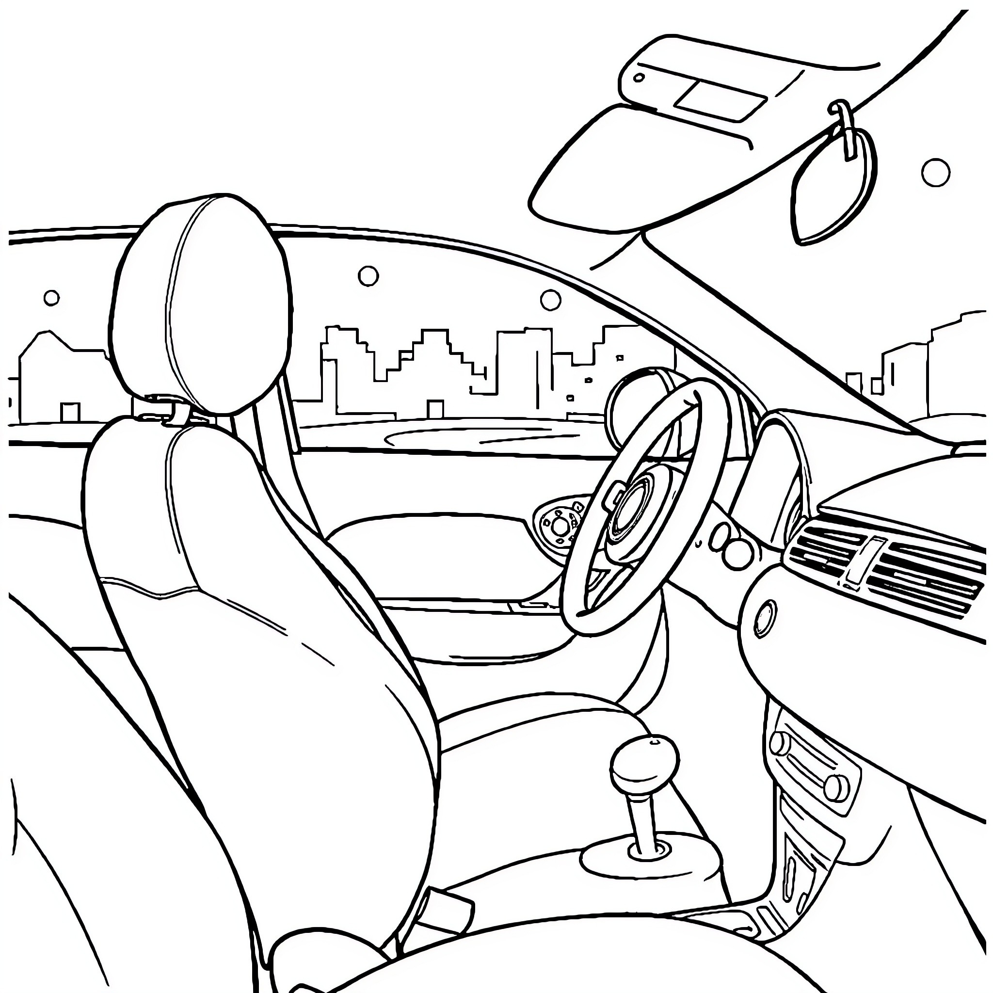 Coccinelle driving through the city Coloring Page (free black-and-white line drawing printable PDF for all, from beginners to advanced learners, including children, teens, adults, and seniors)