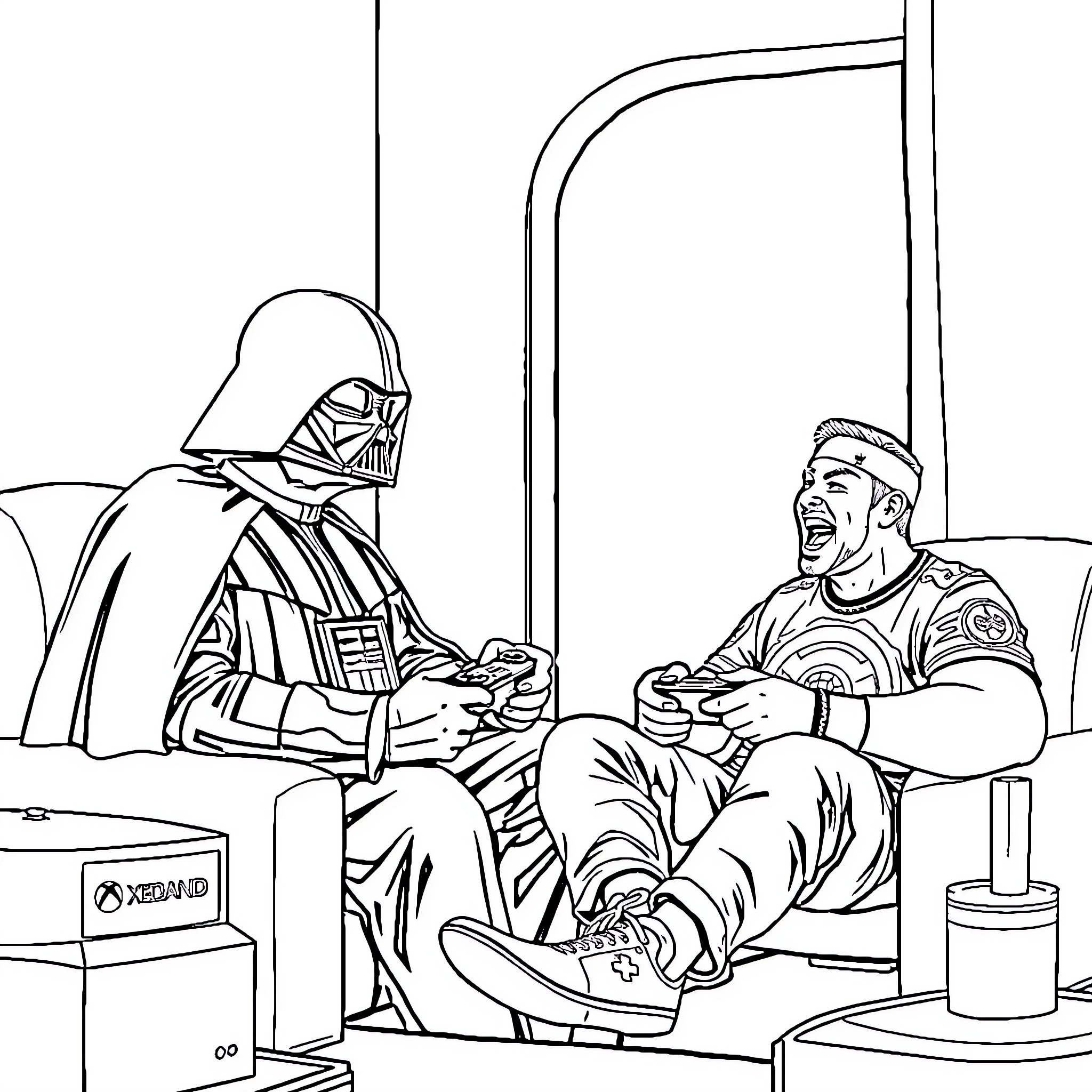 Darth Vader and companion playing video games Coloring Page (free black-and-white line drawing printable PDF for all, from beginners to advanced learners, including children, teens, adults, and seniors)