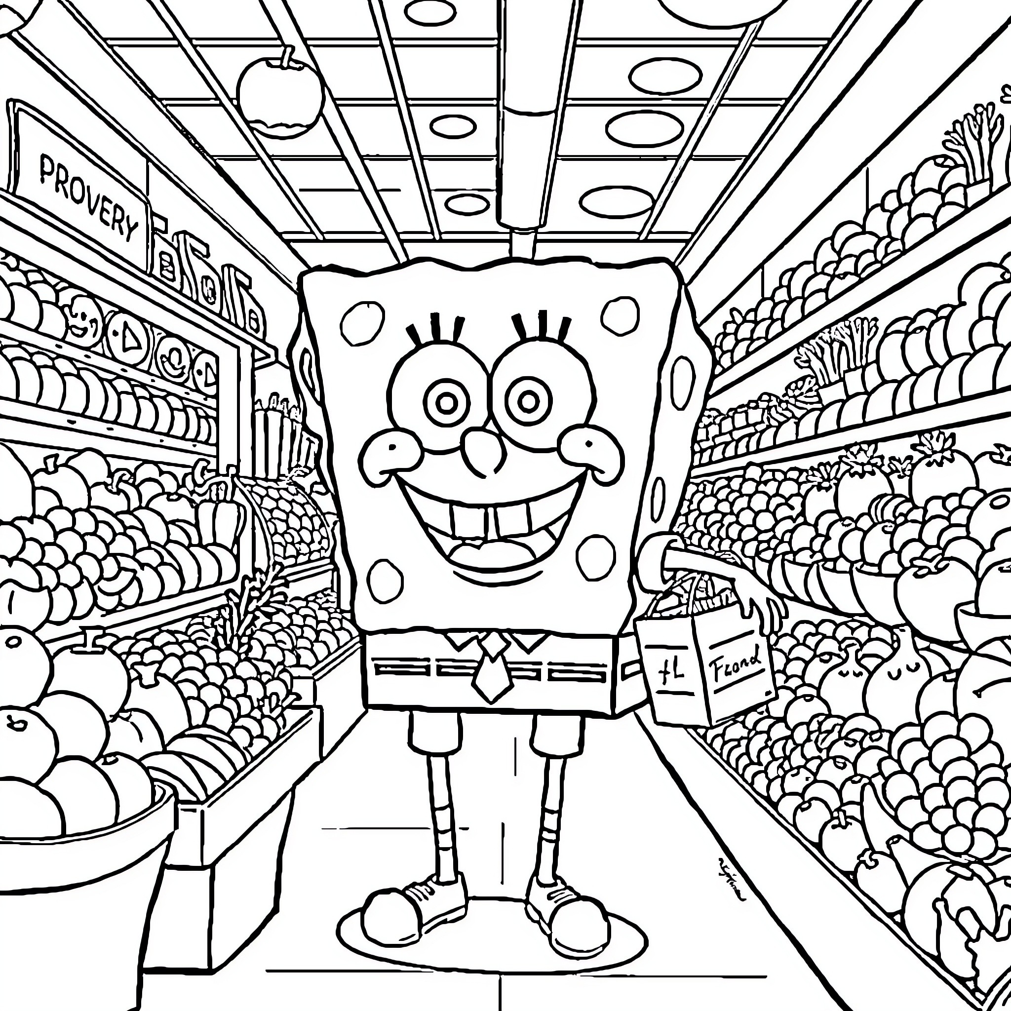 Spongebob's Funny Antics in the Grocery Store Coloring Page (free black-and-white line drawing printable PDF for all, from beginners to advanced learners, including children, teens, adults, and seniors)