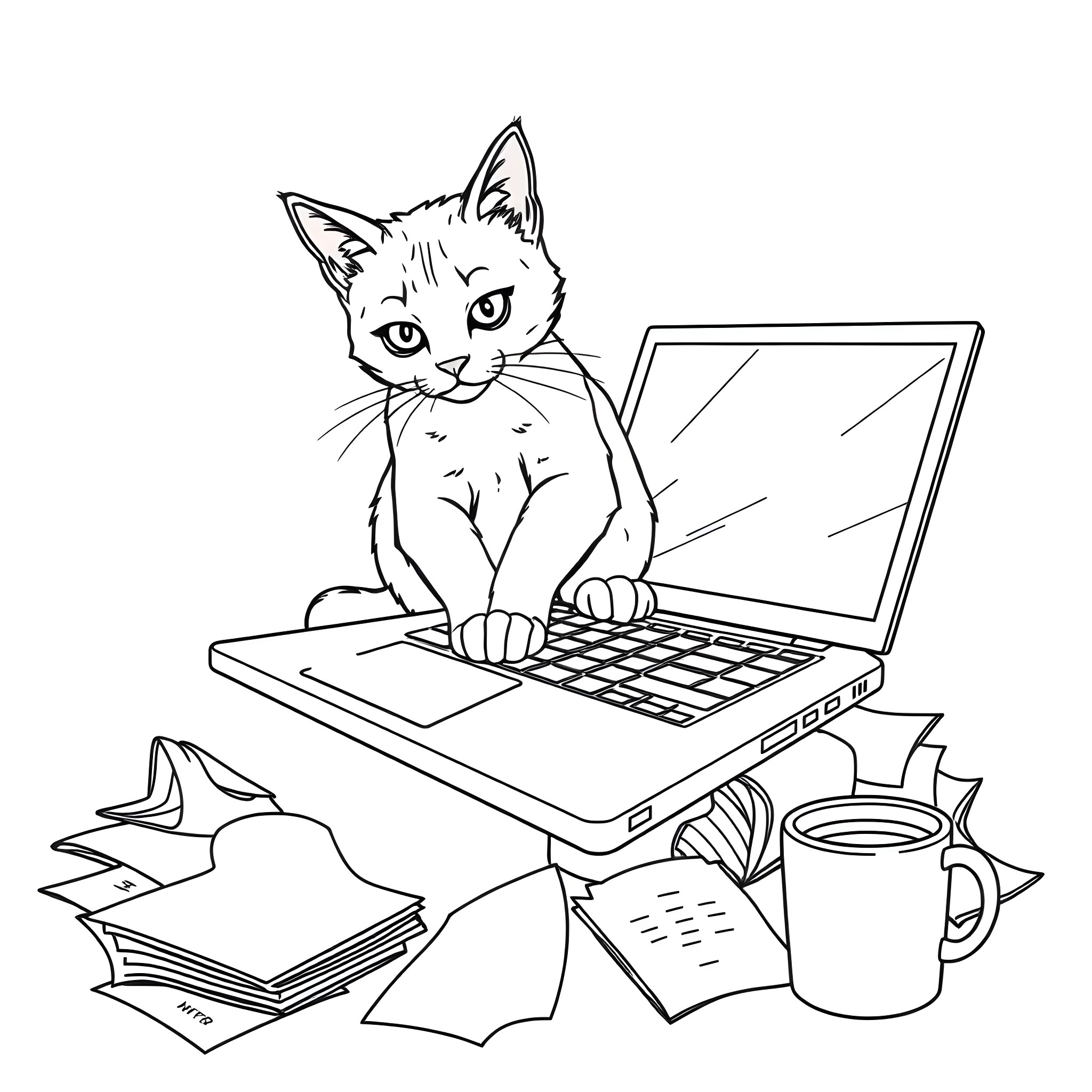 Cat working diligently on laptop computer Coloring Page (free black-and-white line drawing printable PDF for all, from beginners to advanced learners, including children, teens, adults, and seniors)