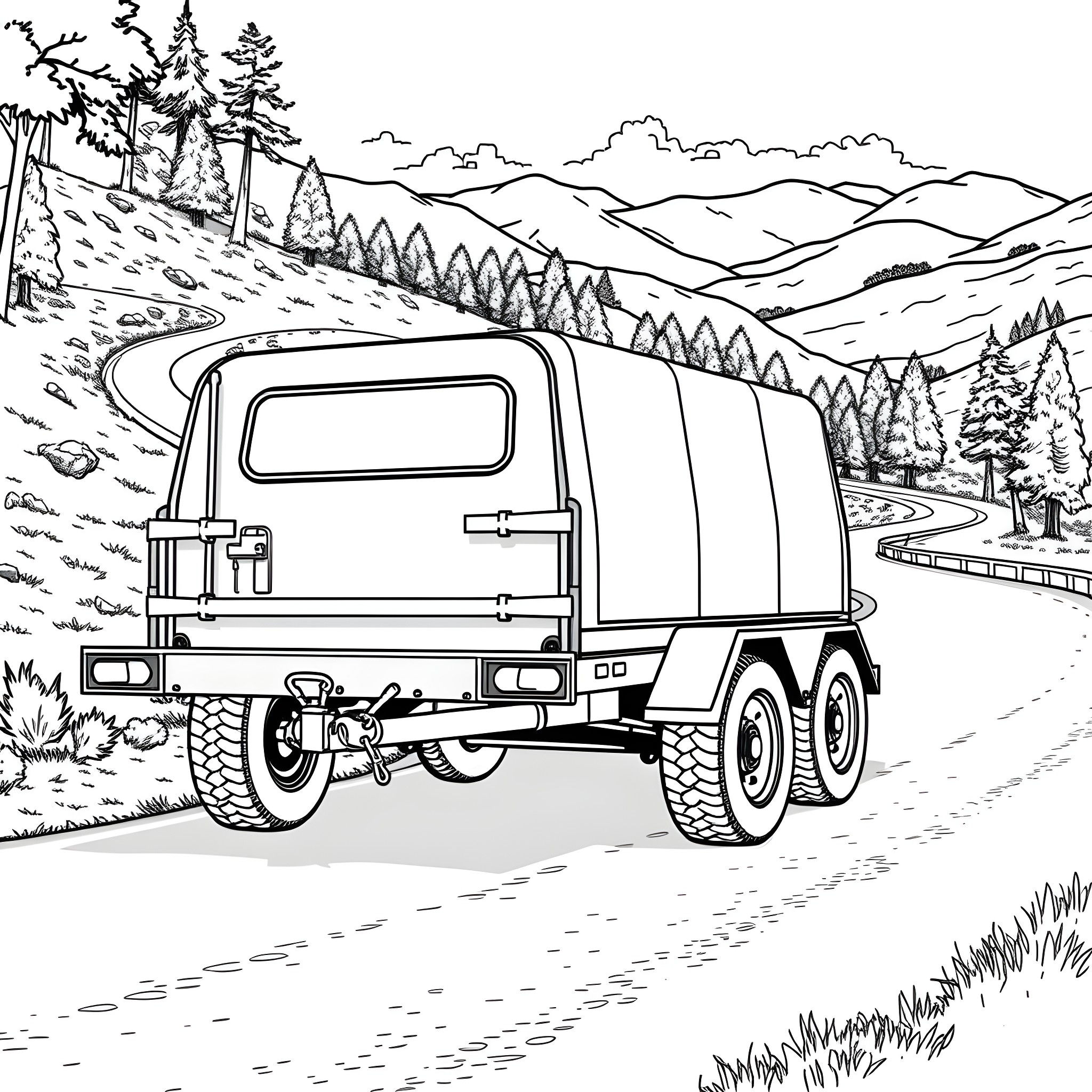 Car Trailer Carrying Cargo on Mountain Road Coloring Page (free black-and-white line drawing printable PDF for all, from beginners to advanced learners, including children, teens, adults, and seniors)