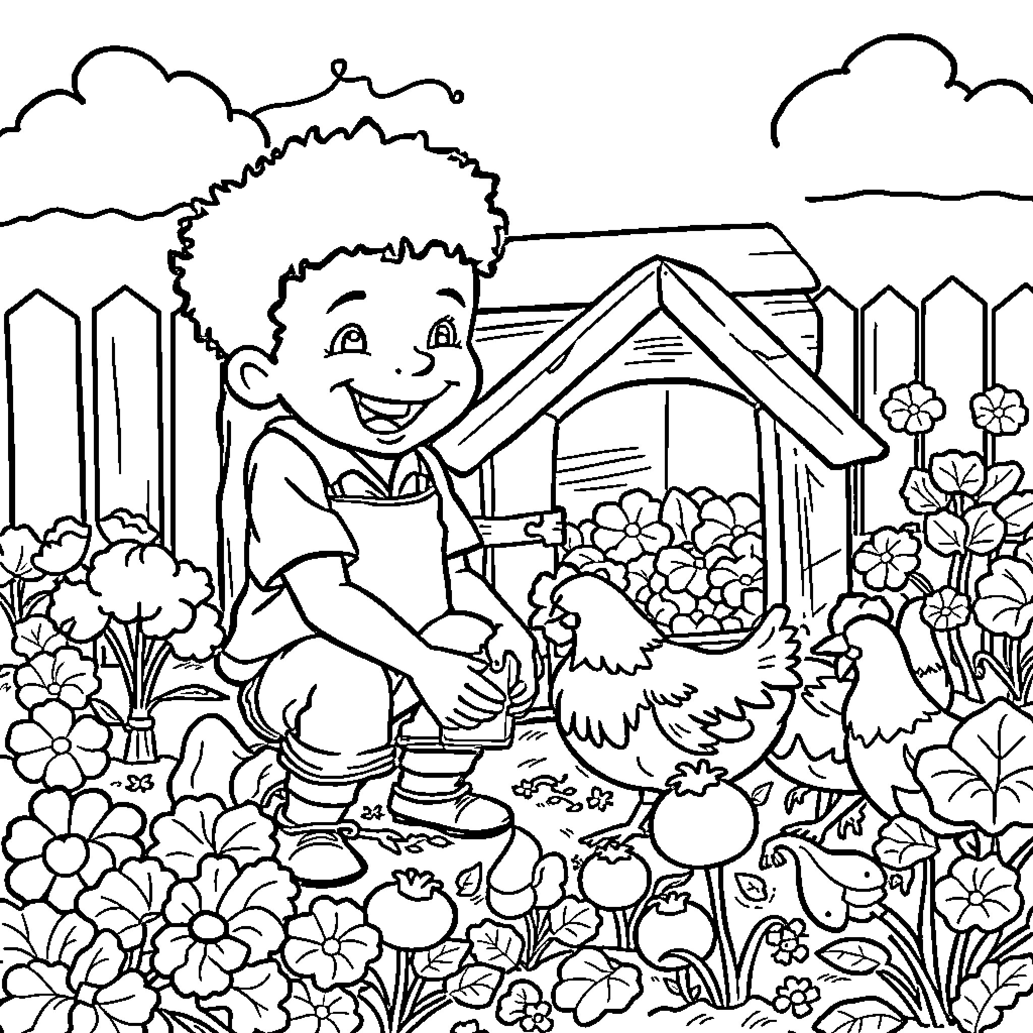 Kid playing with chickens in the garden Coloring Page (free black-and-white line drawing printable PDF for all, from beginners to advanced learners, including children, teens, adults, and seniors)
