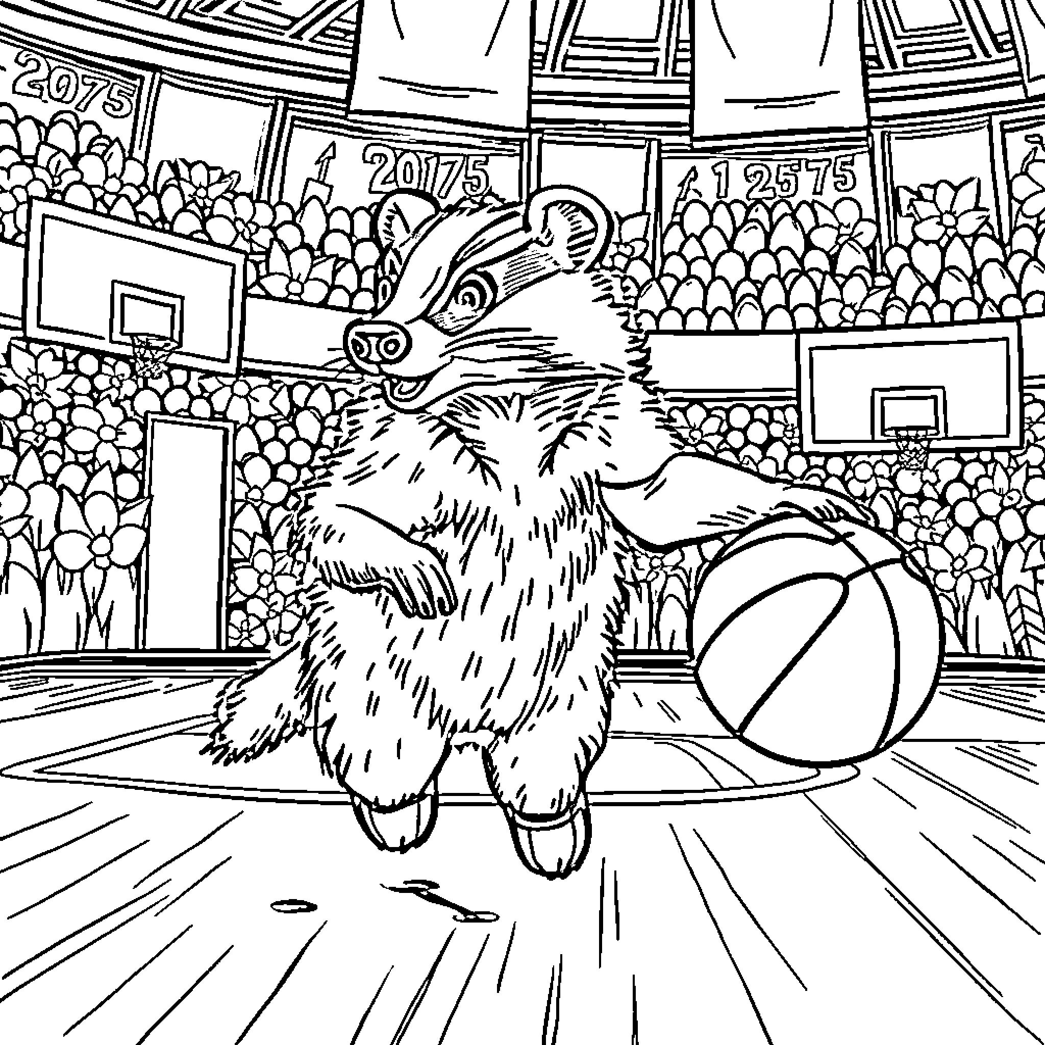 Honeybadger playing basketball in a stadium Coloring Page (free black-and-white line drawing printable PDF for all, from beginners to advanced learners, including children, teens, adults, and seniors)