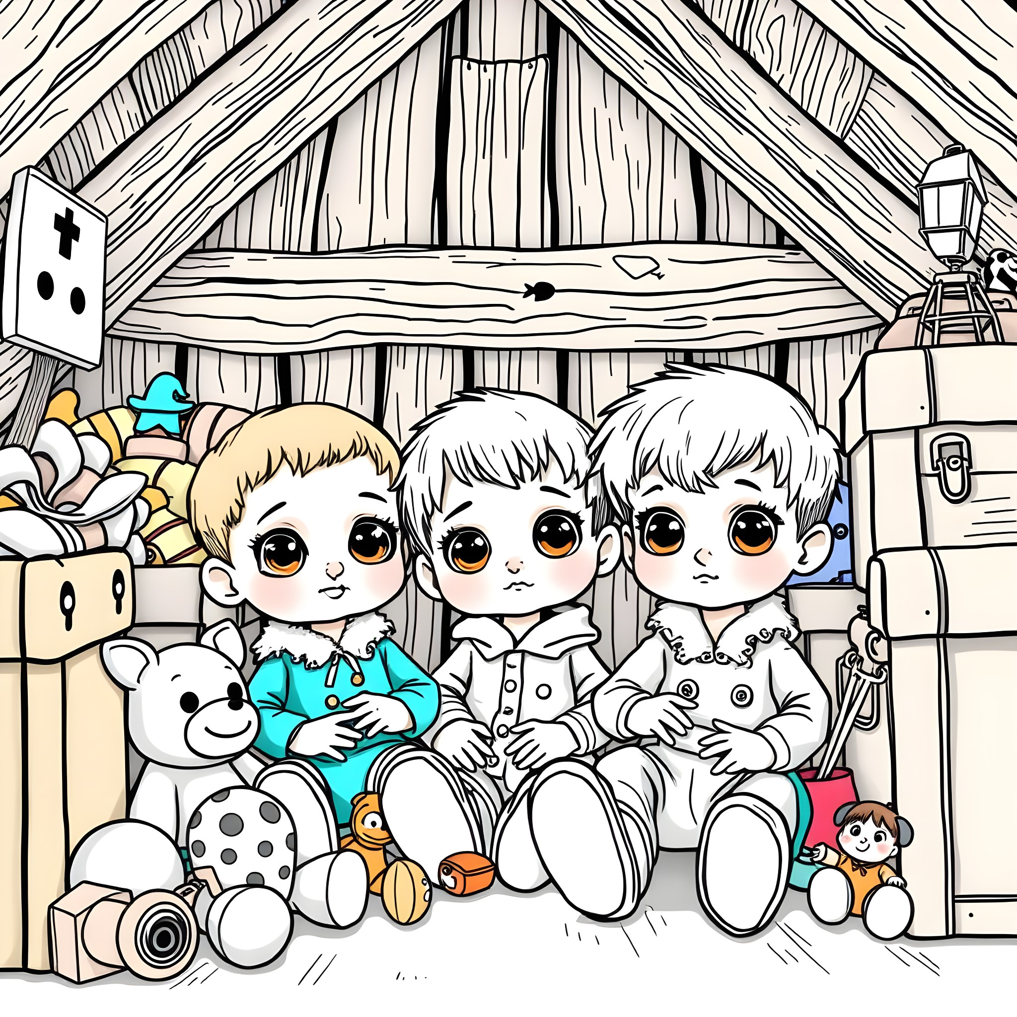 Boy Dolls playing in a Toy Room Coloring Page (free black-and-white line drawing printable PDF for all, from beginners to advanced learners, including children, teens, adults, and seniors)