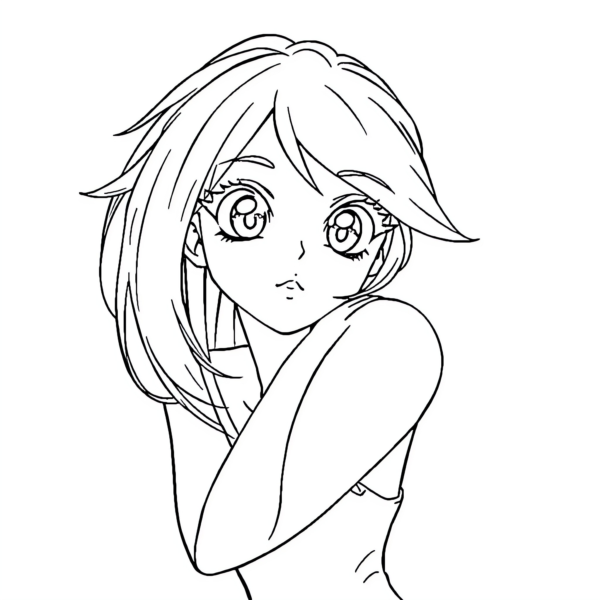 Anime Woman with thoughtful expression Coloring Page (free black-and-white line drawing printable PDF for all, from beginners to advanced learners, including children, teens, adults, and seniors)