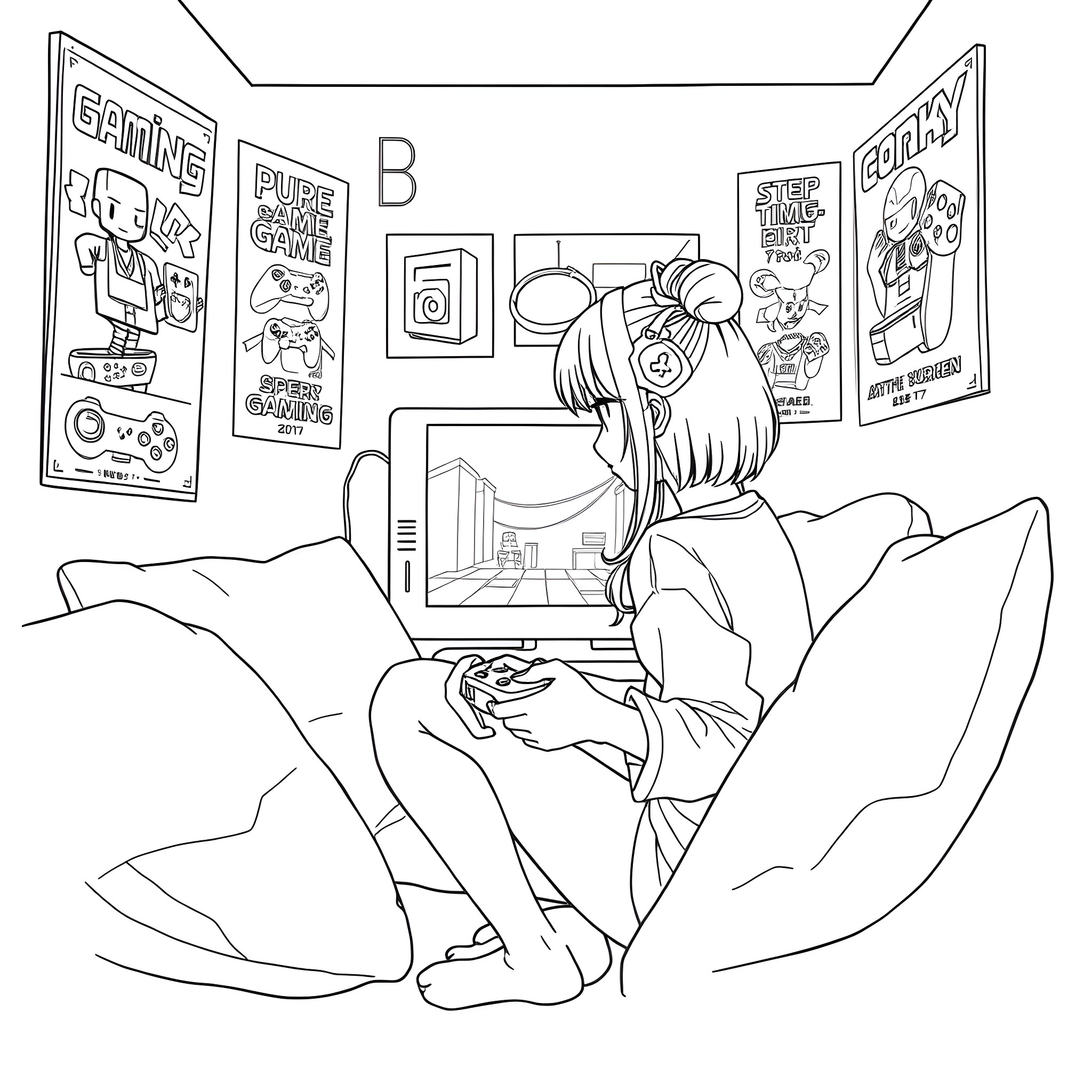 Miko Kubota Playing Video Games on Her Console Coloring Page (free black-and-white line drawing printable PDF for all, from beginners to advanced learners, including children, teens, adults, and seniors)