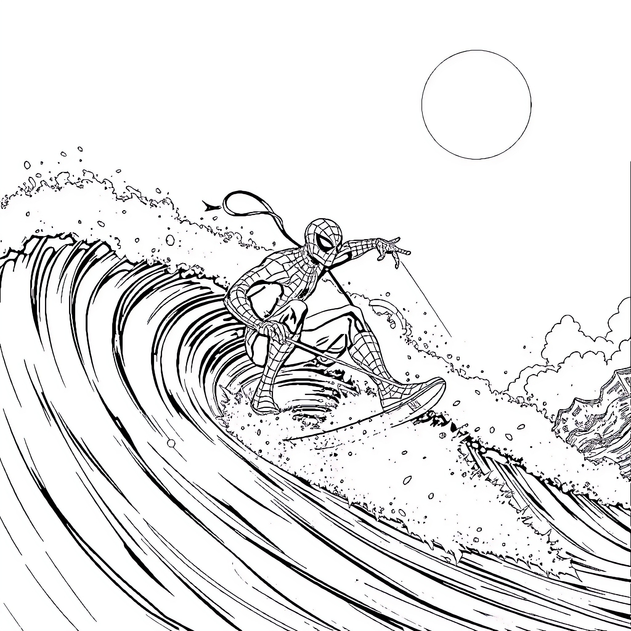 Spiderman surfing the giant wave Coloring Page (free black-and-white line drawing printable PDF for all, from beginners to advanced learners, including children, teens, adults, and seniors)