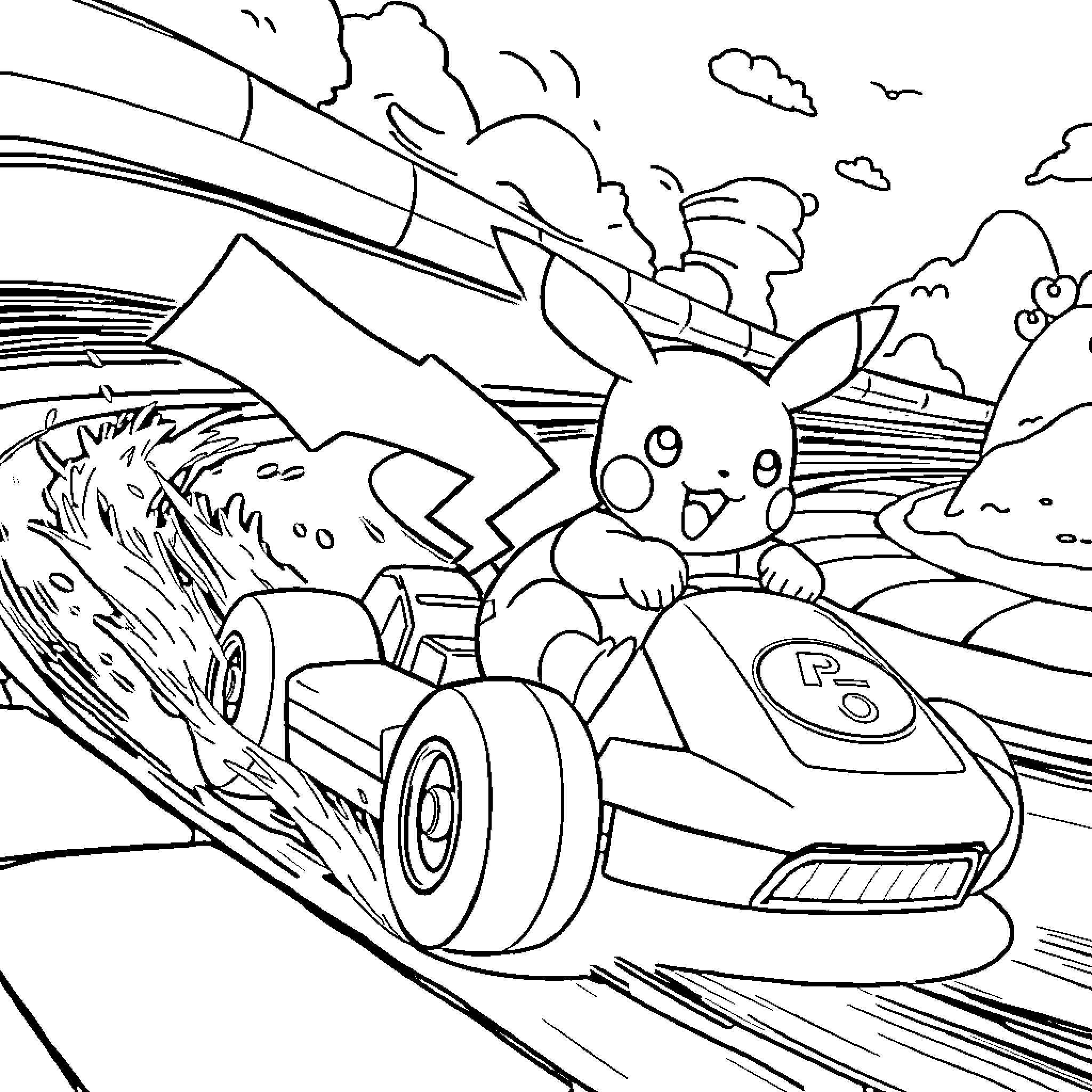 Pikachu Racing Speedily on the Road Coloring Page (free black-and-white line drawing printable PDF for all, from beginners to advanced learners, including children, teens, adults, and seniors)