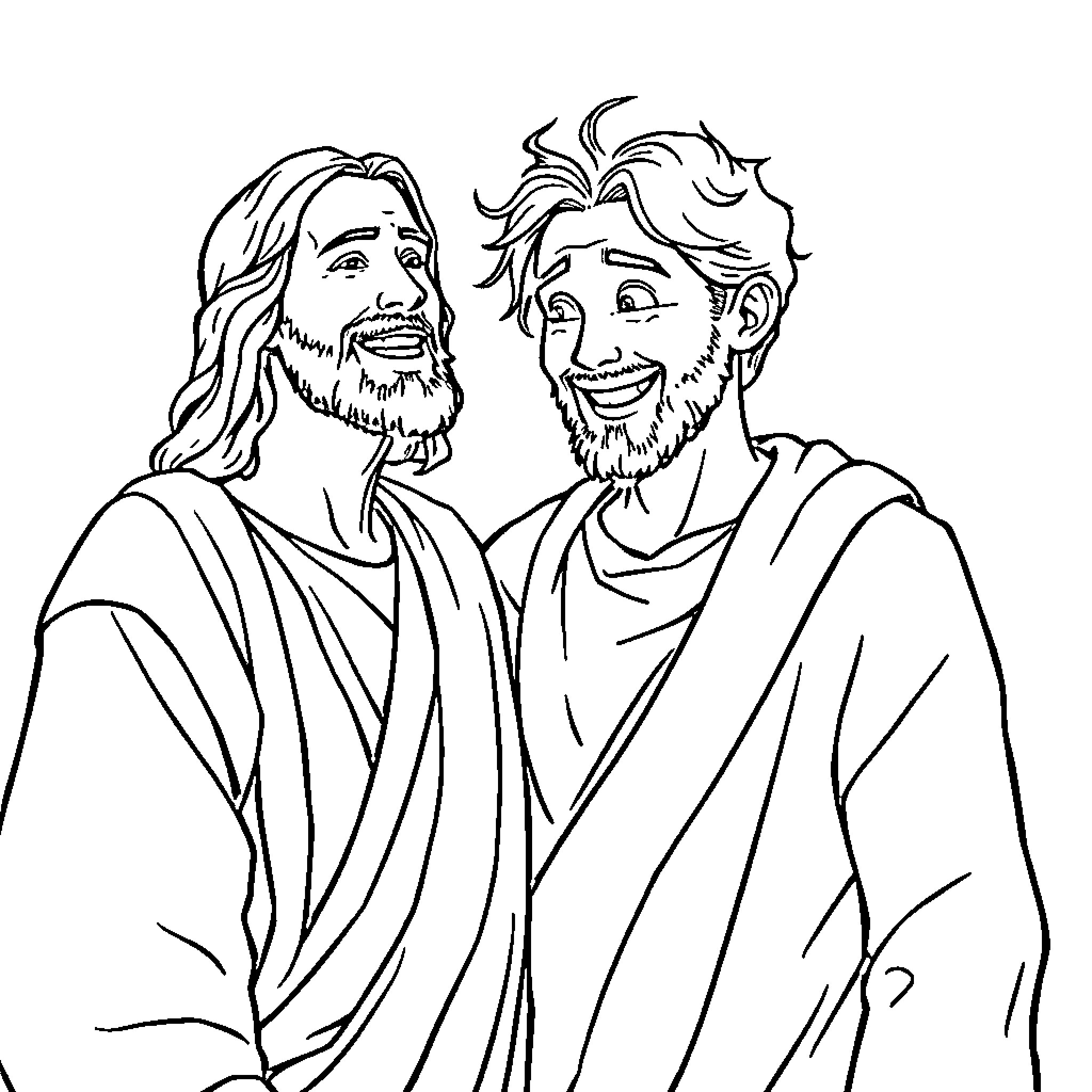 Jesus and companion sharing a joyful moment Coloring Page (free black-and-white line drawing printable PDF for all, from beginners to advanced learners, including children, teens, adults, and seniors)