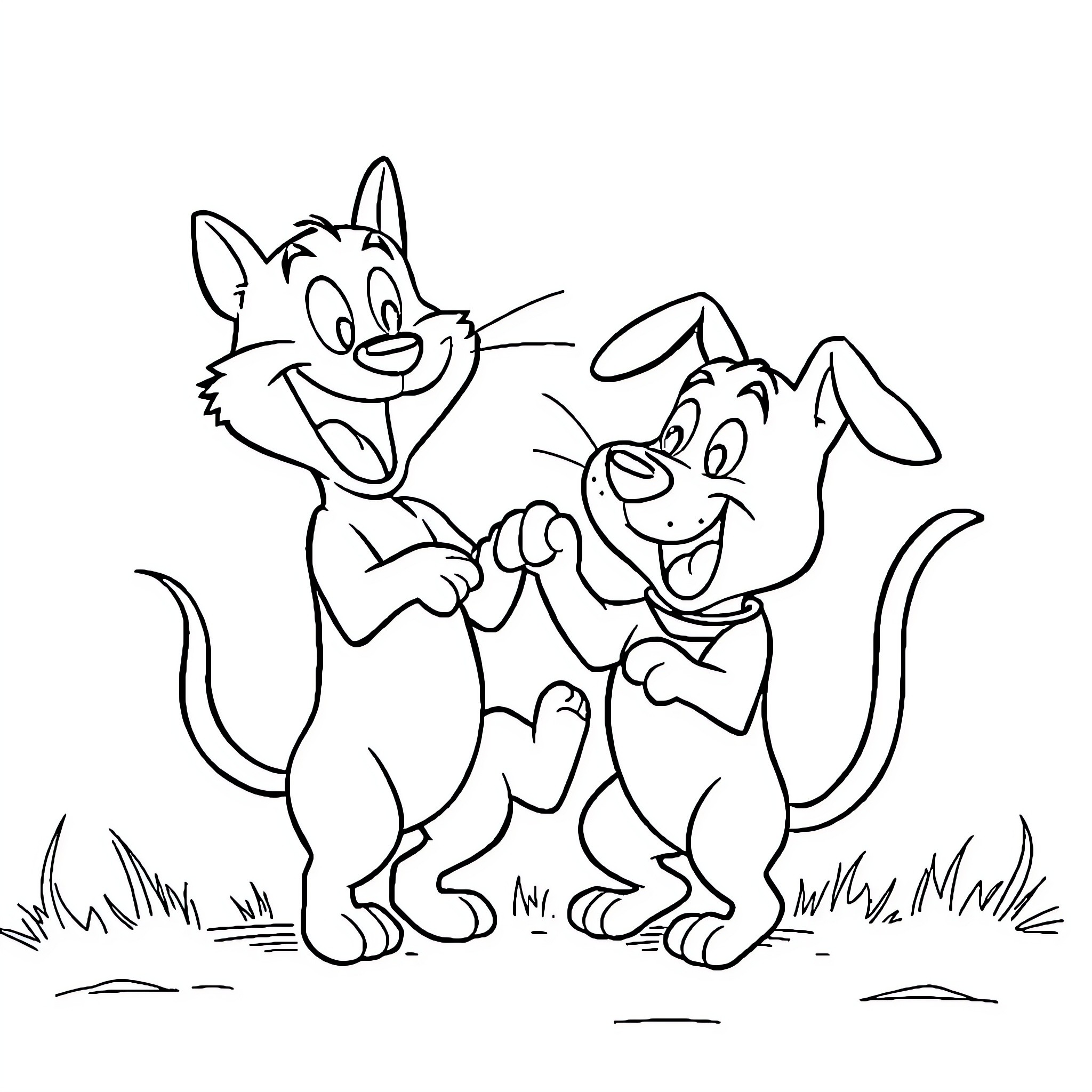 Cat friends playing and exploring together Coloring Page (free black-and-white line drawing printable PDF for all, from beginners to advanced learners, including children, teens, adults, and seniors)