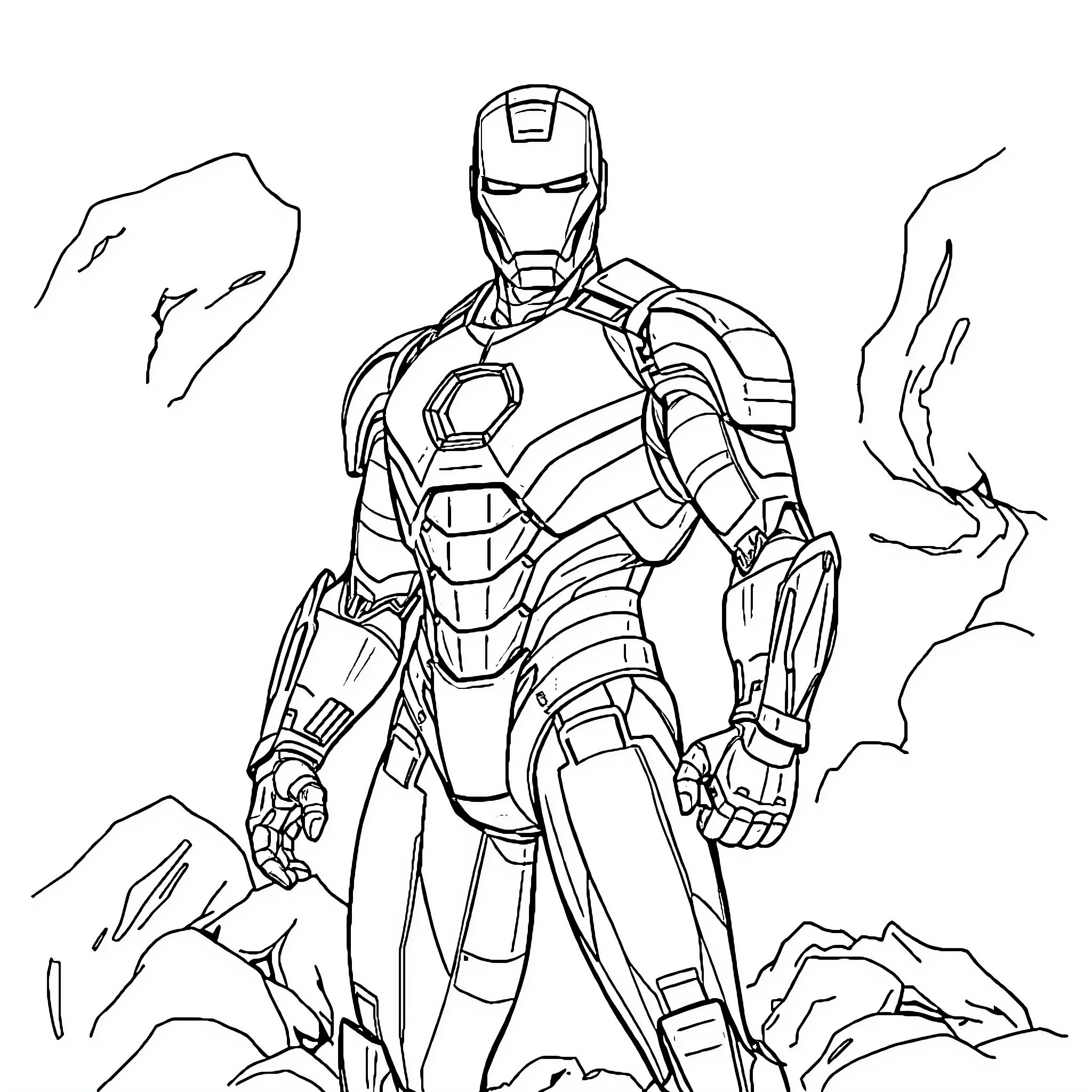 Iron Man in battle-ready pose amid rocky terrain Coloring Page (free black-and-white line drawing printable PDF for all, from beginners to advanced learners, including children, teens, adults, and seniors)