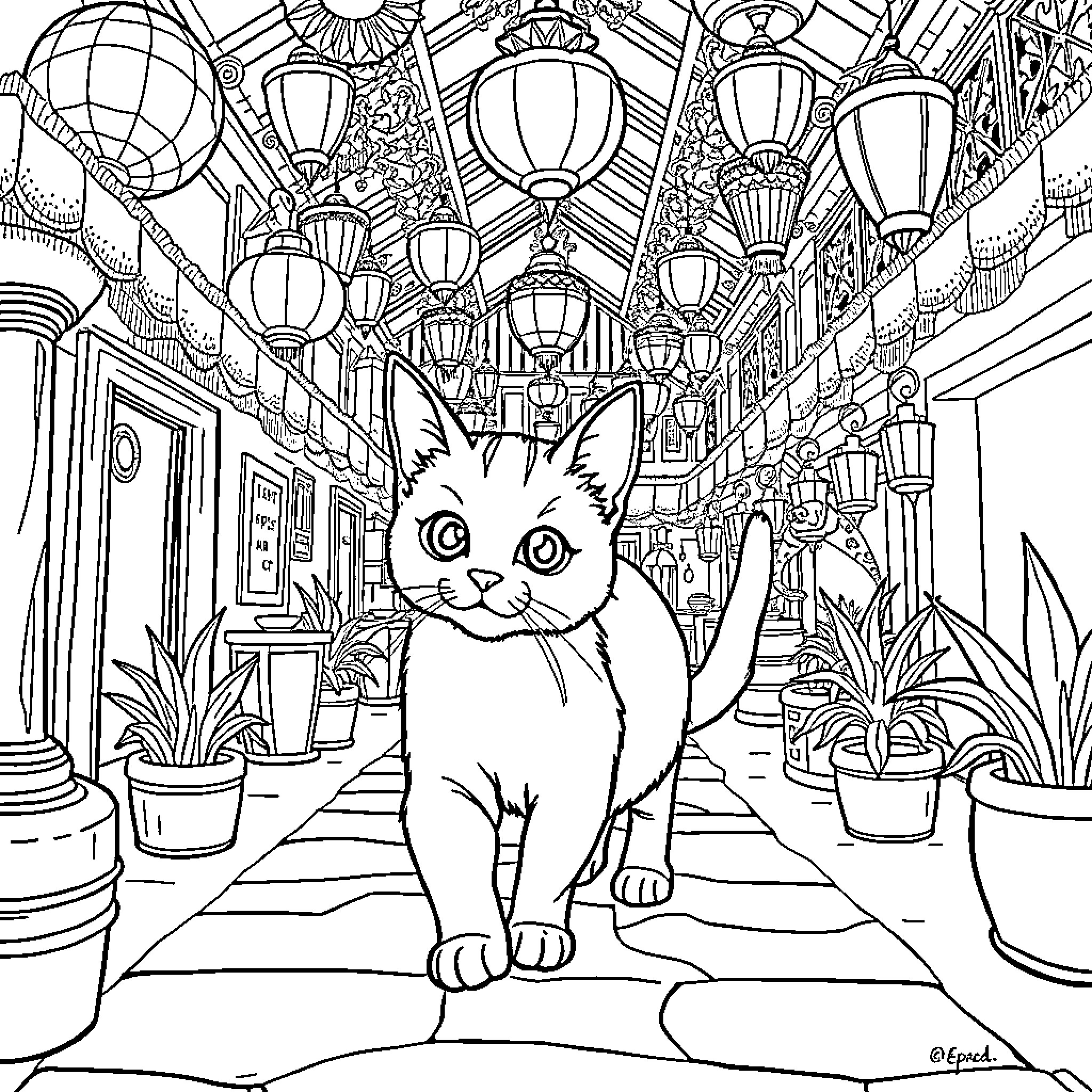 Cat in Whimsical Lantern-lit Hallway Coloring Page (free black-and-white line drawing printable PDF for all, from beginners to advanced learners, including children, teens, adults, and seniors)
